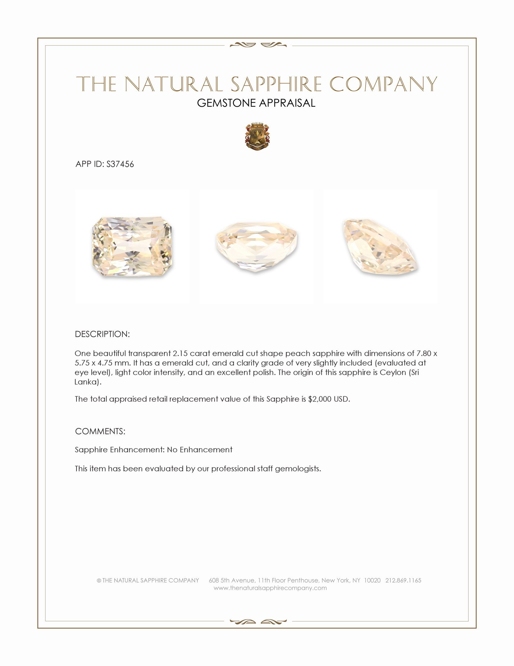 2.15 Ct. Peach Sapphire from Ceylon (Sri Lanka)