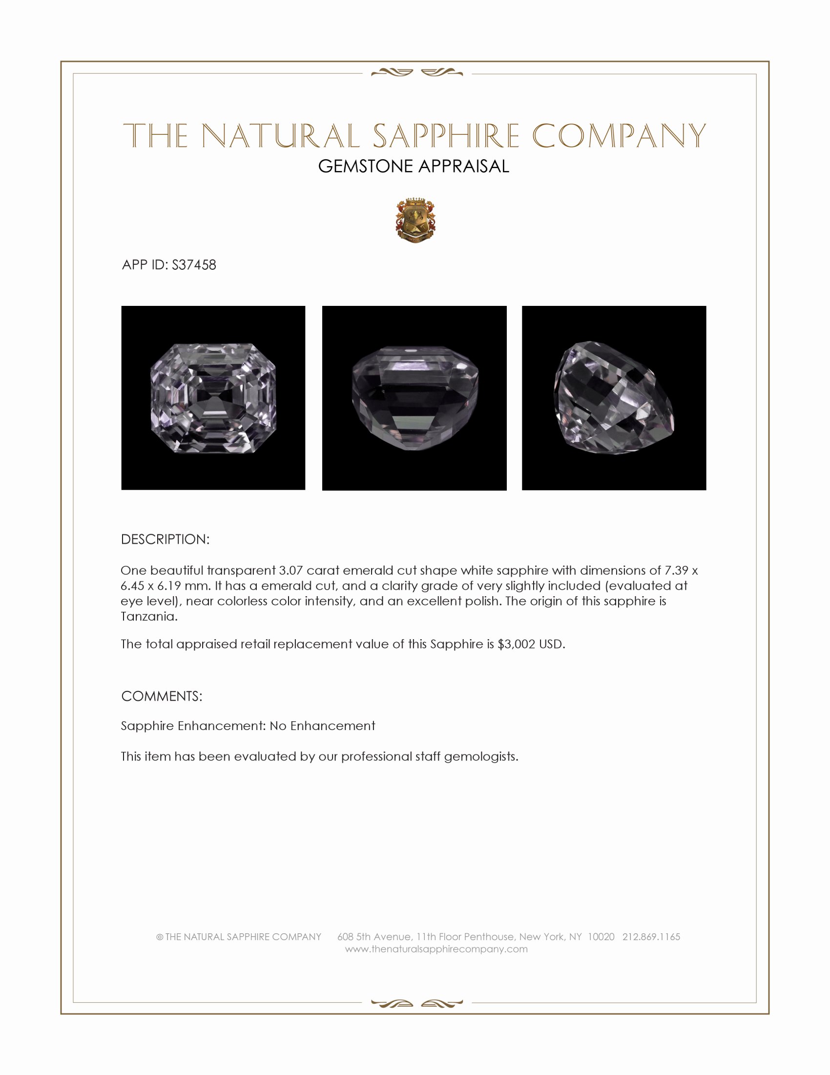 3.07 Ct. White Sapphire from Tanzania