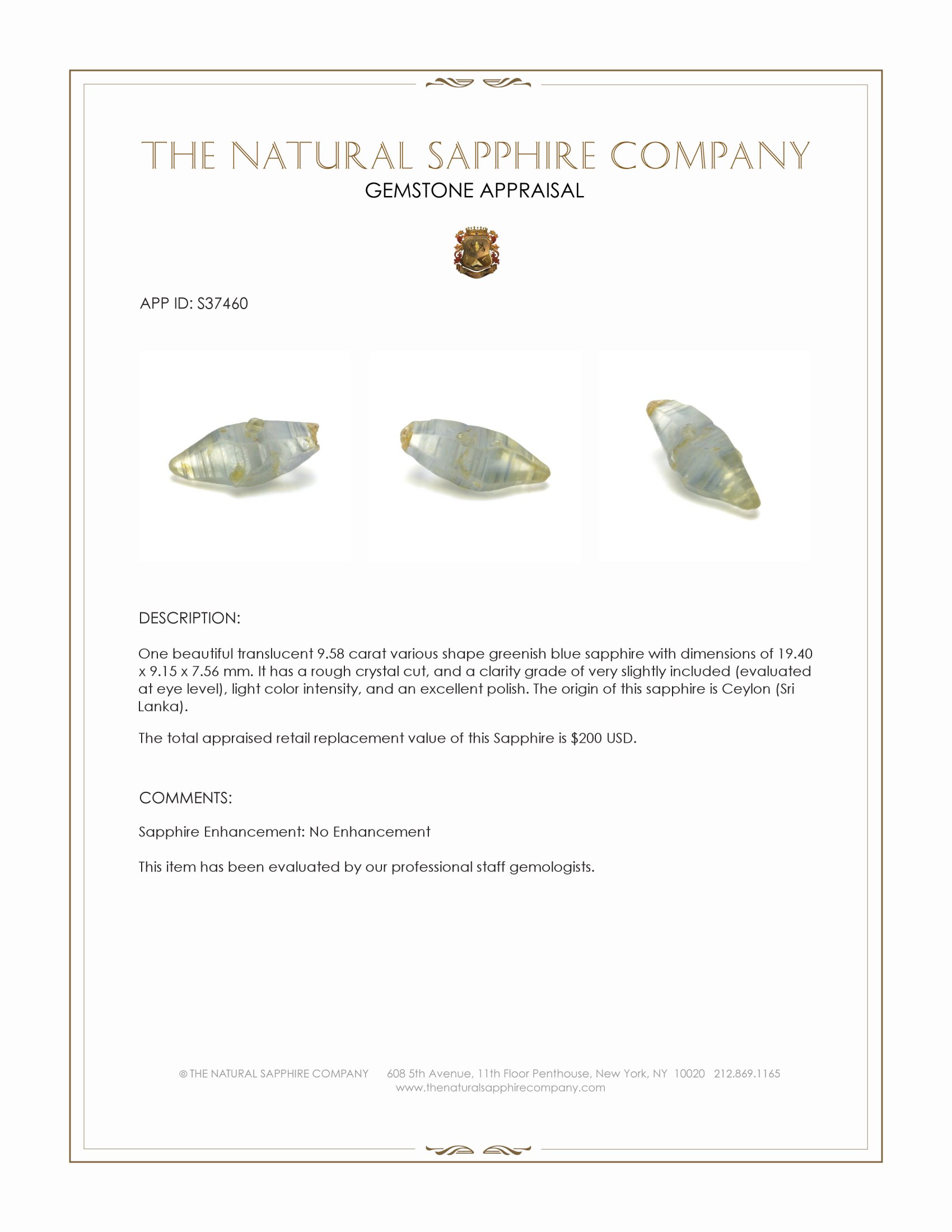 9.58 Ct. Greenish Blue Sapphire Crystal from Ceylon (Sri Lanka)