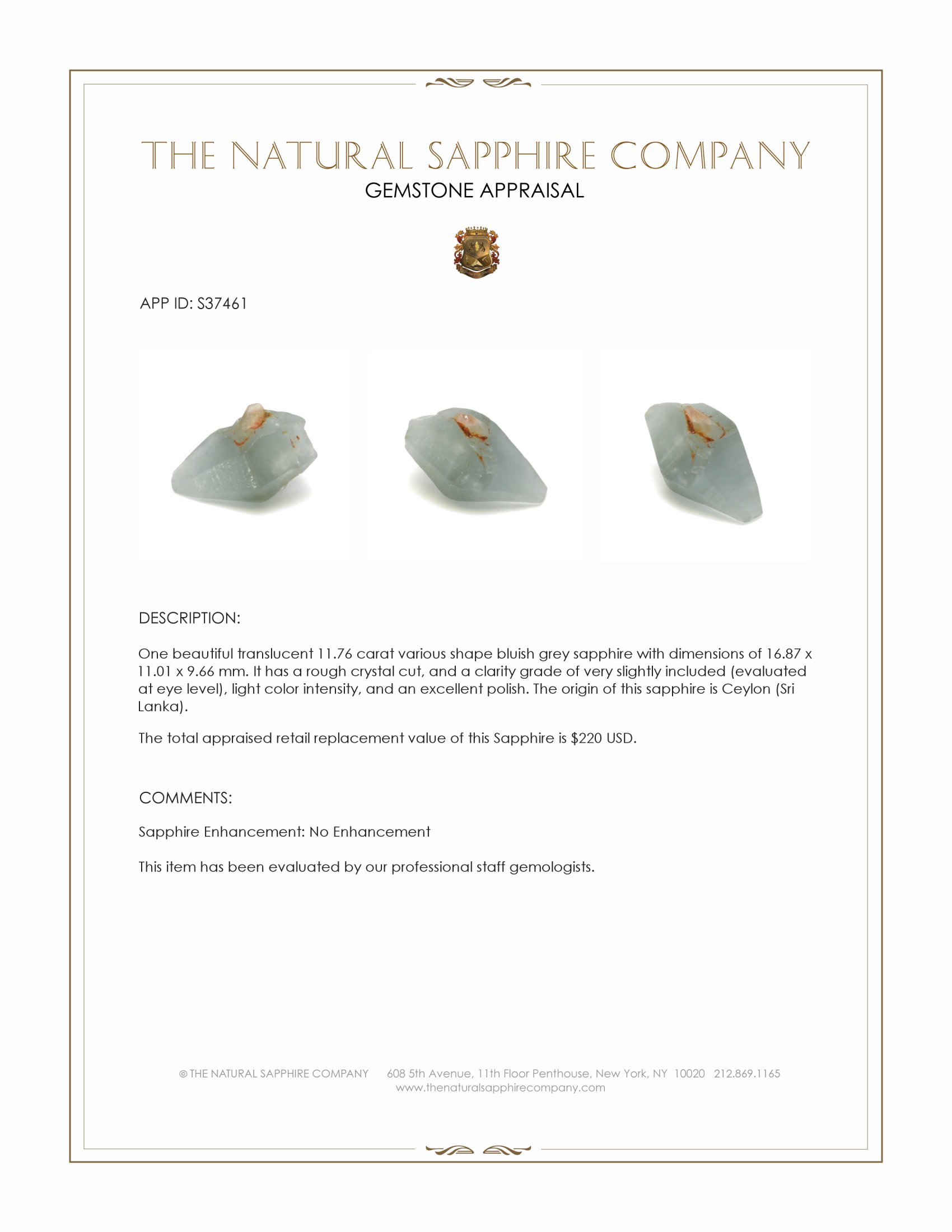 11.76 Ct. Bluish Grey Sapphire Crystal from Ceylon (Sri Lanka)