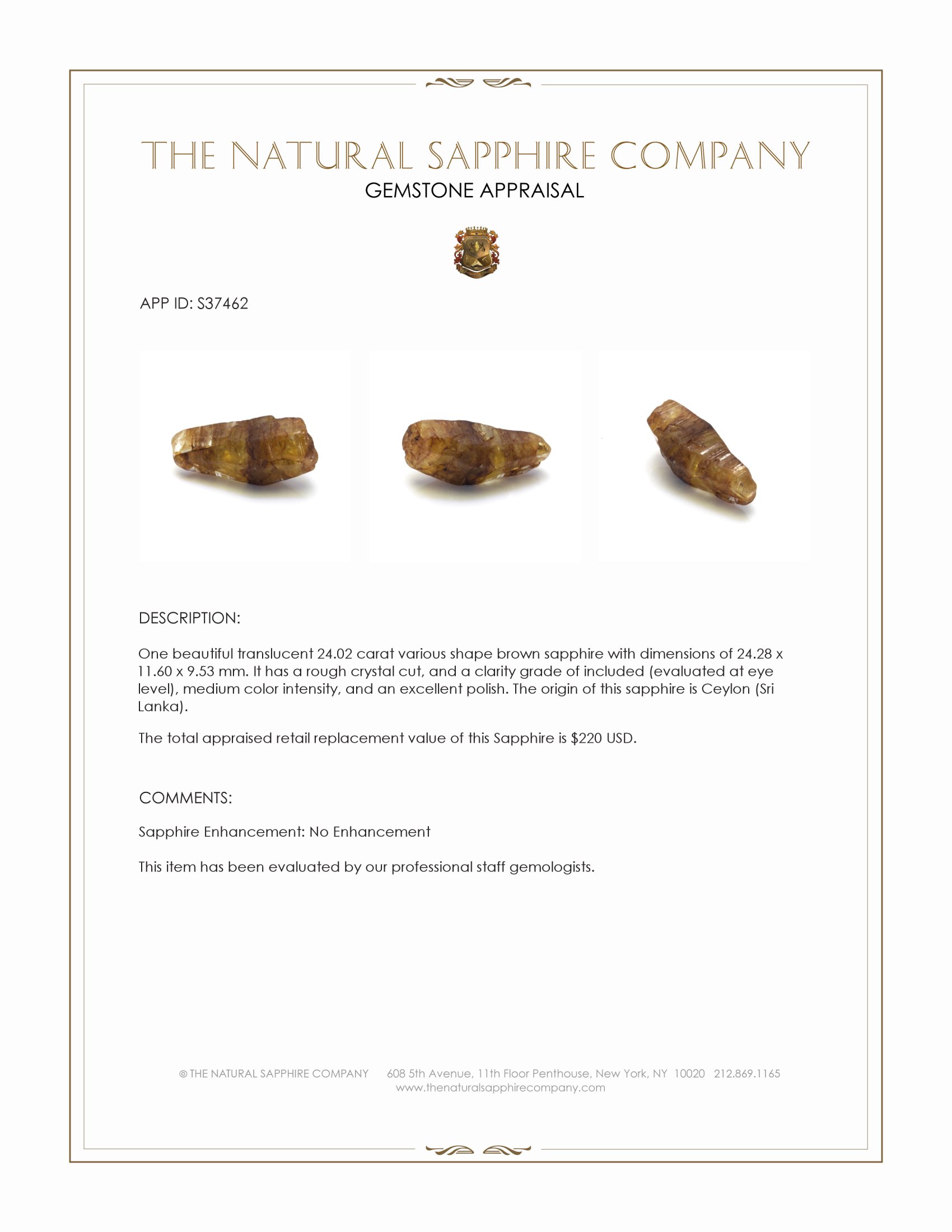 24.02 Ct. Brown Sapphire Crystal from Ceylon (Sri Lanka)