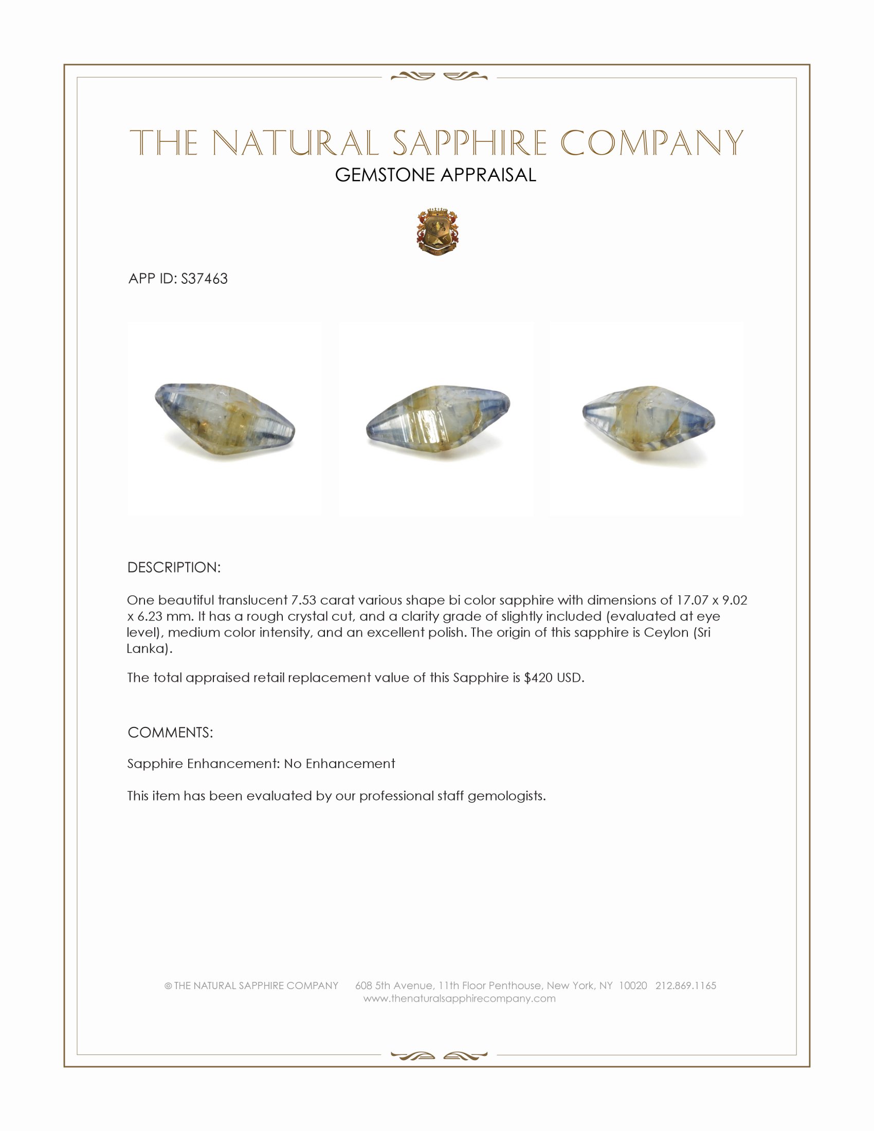 7.53 Ct. Bi Color Sapphire Crystal from Ceylon (Sri Lanka)