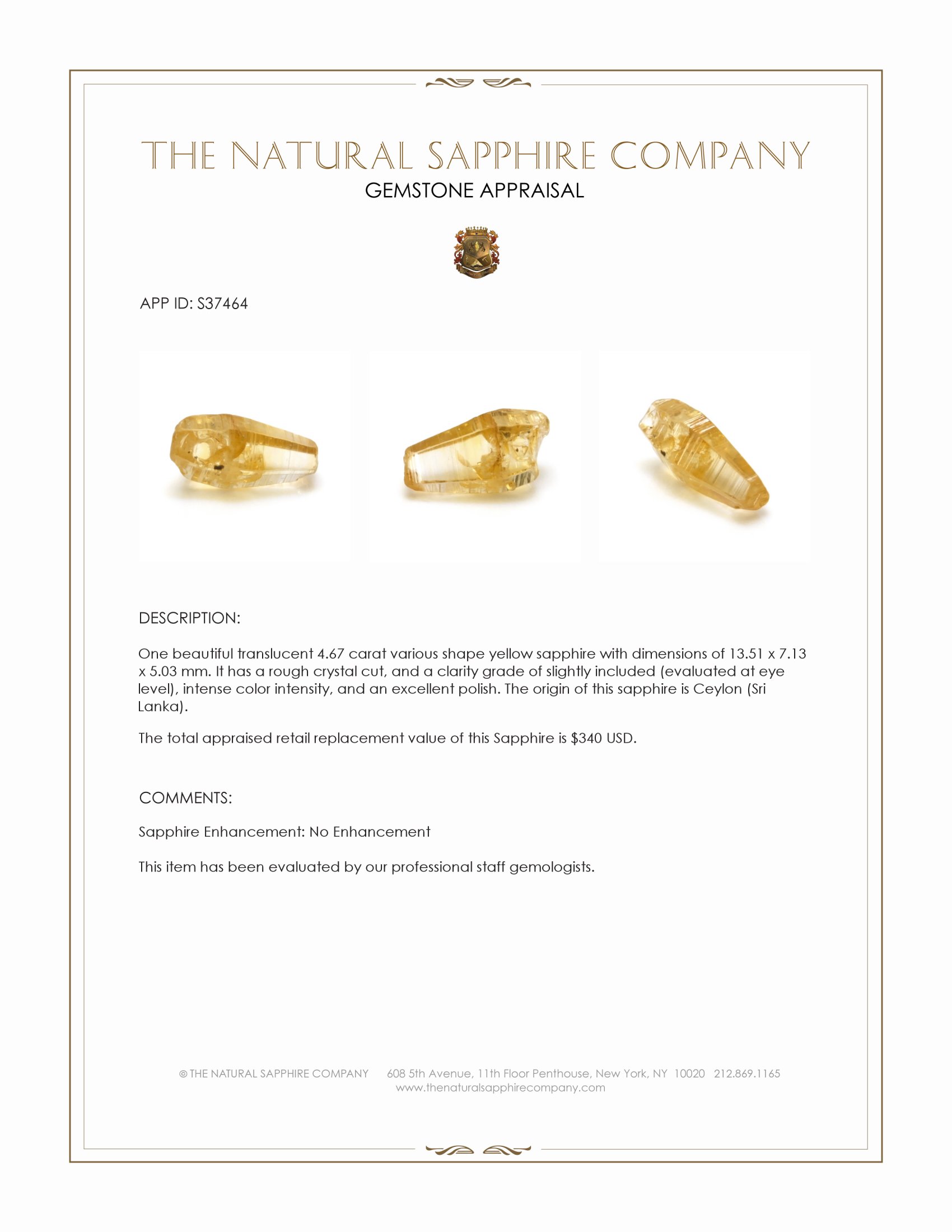 4.67 Ct. Yellow Sapphire Crystal from Ceylon (Sri Lanka)