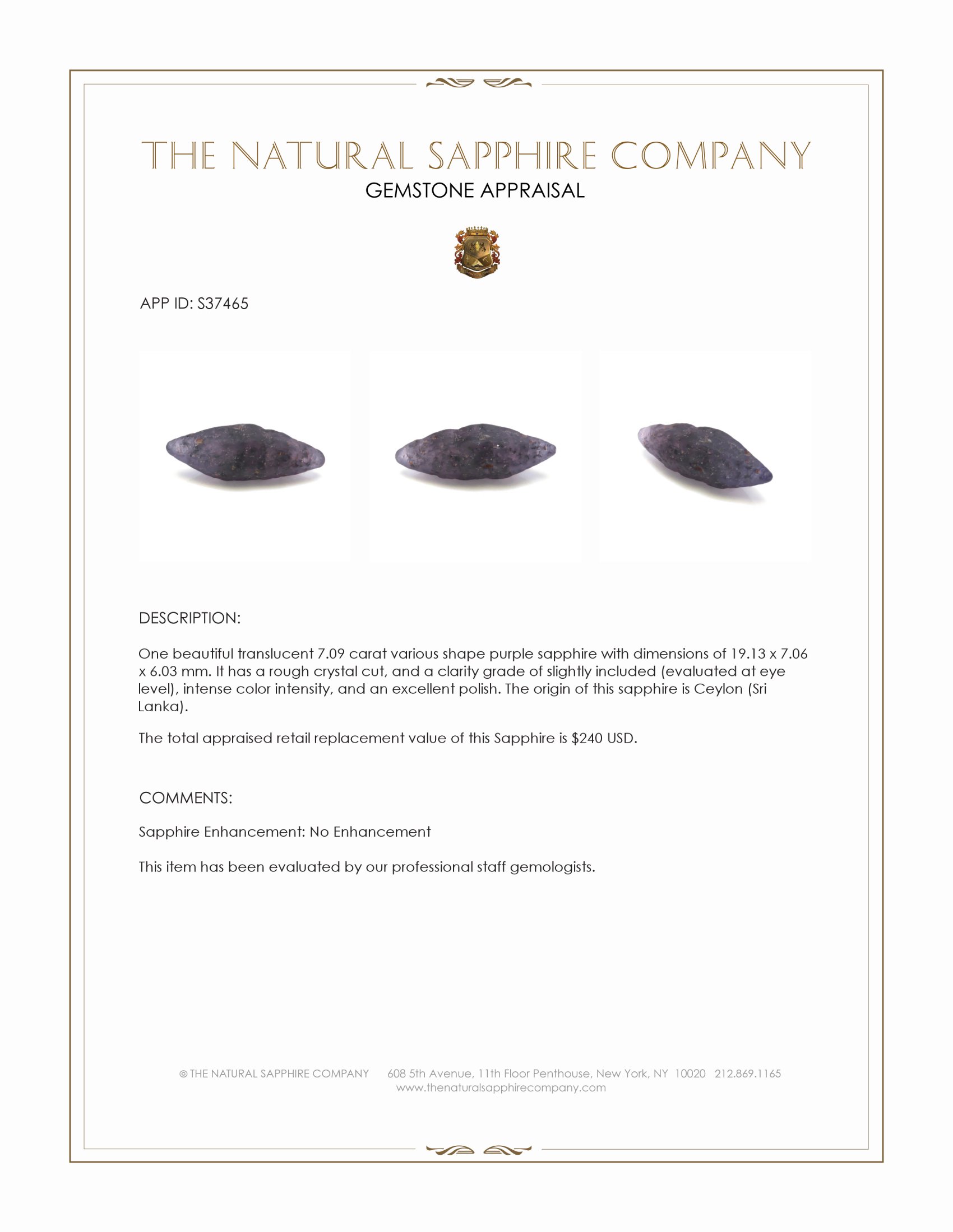 7.09 Ct. Purple Sapphire Crystal from Ceylon (Sri Lanka)