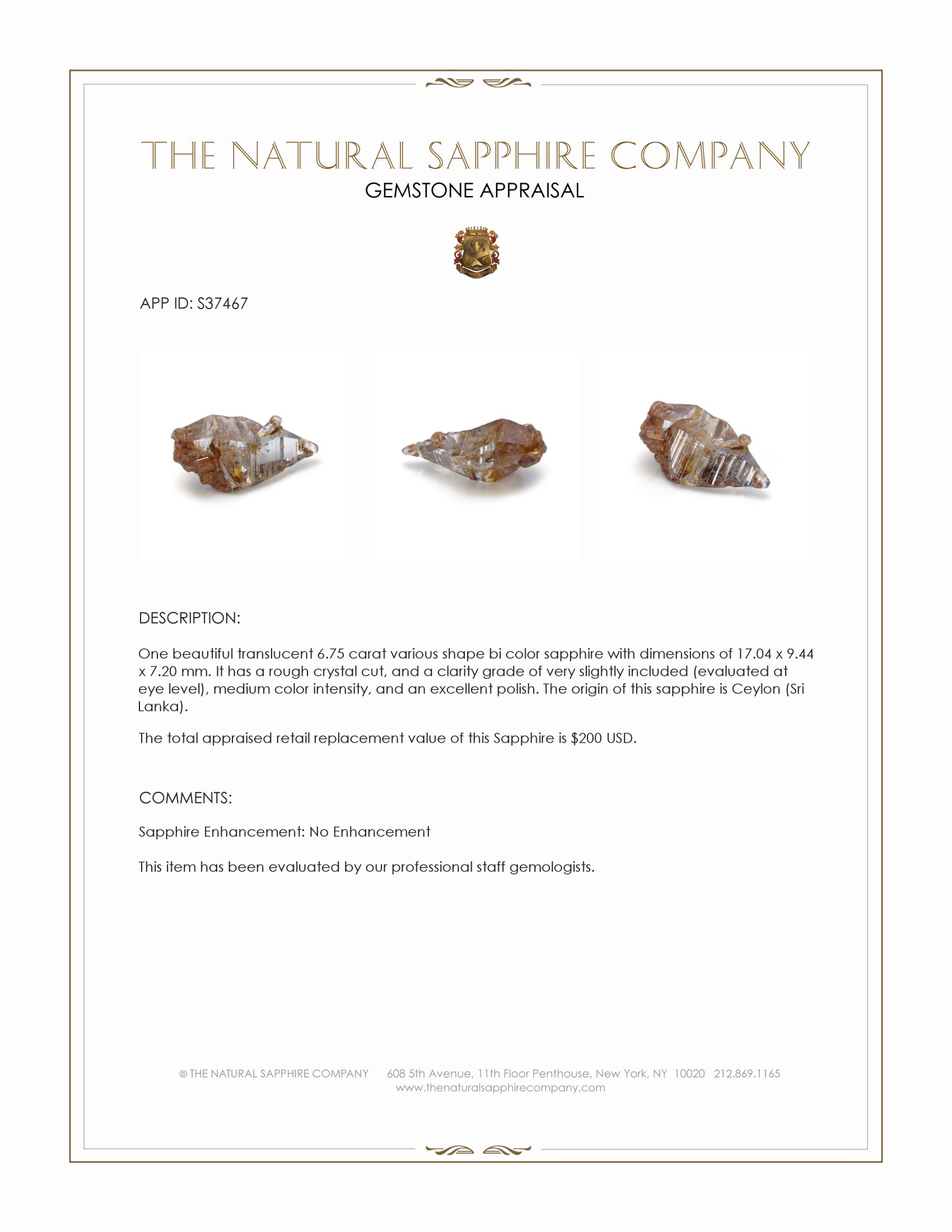 6.75 Ct. Bi Color Sapphire Crystal from Ceylon (Sri Lanka)