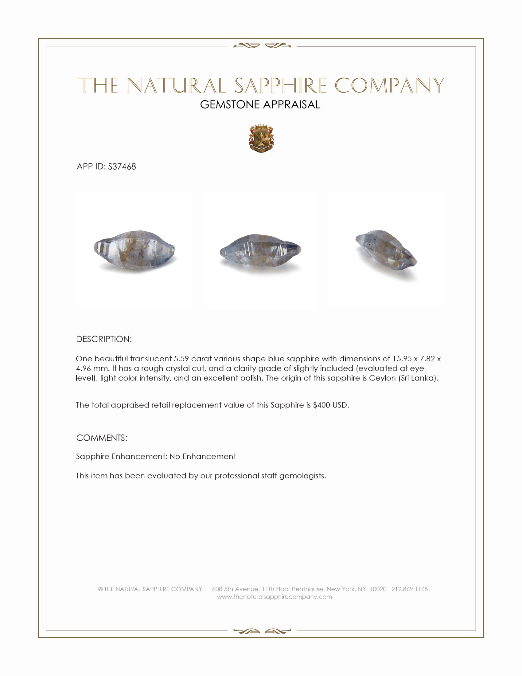 5.59 Ct. Blue Sapphire Crystal from Ceylon (Sri Lanka)