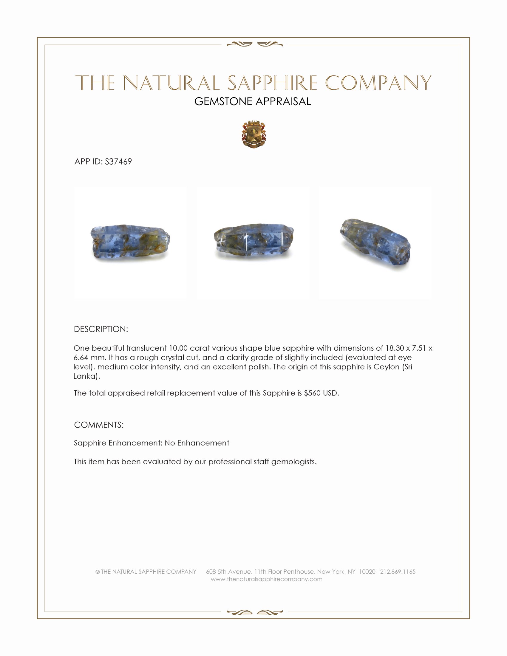 10.00 Ct. Blue Sapphire Crystal from Ceylon (Sri Lanka)