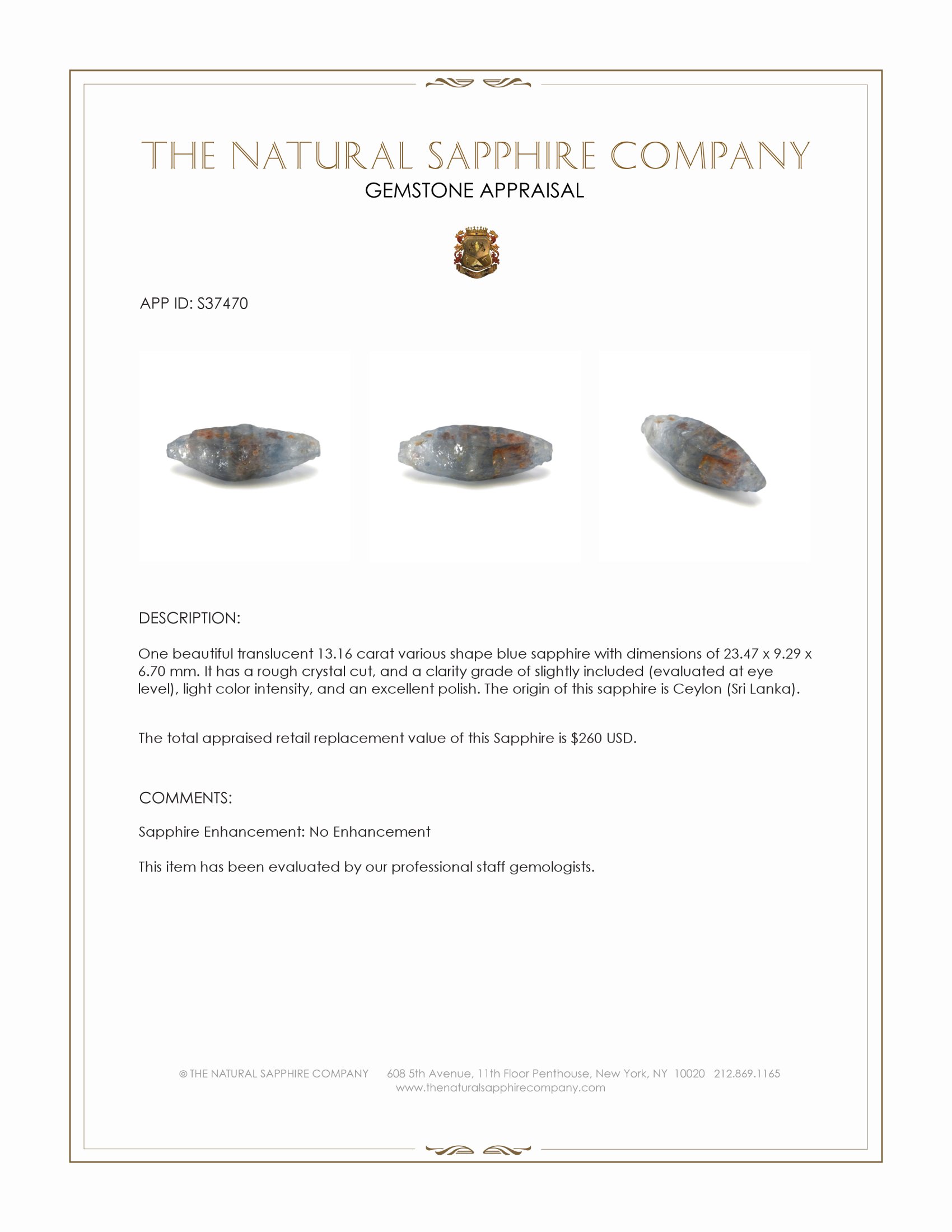 13.16 Ct. Blue Sapphire Crystal from Ceylon (Sri Lanka)