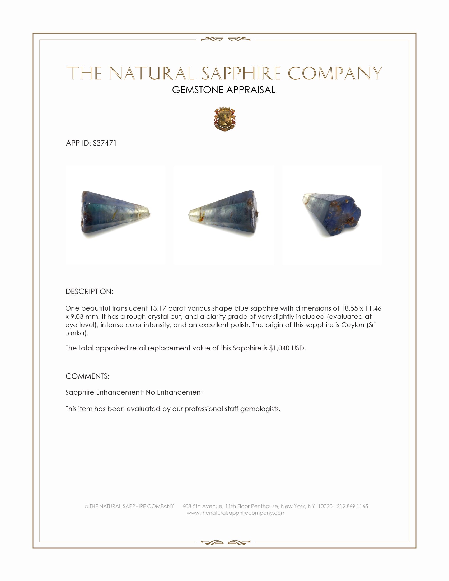 13.17 Ct. Blue Sapphire Crystal from Ceylon (Sri Lanka)