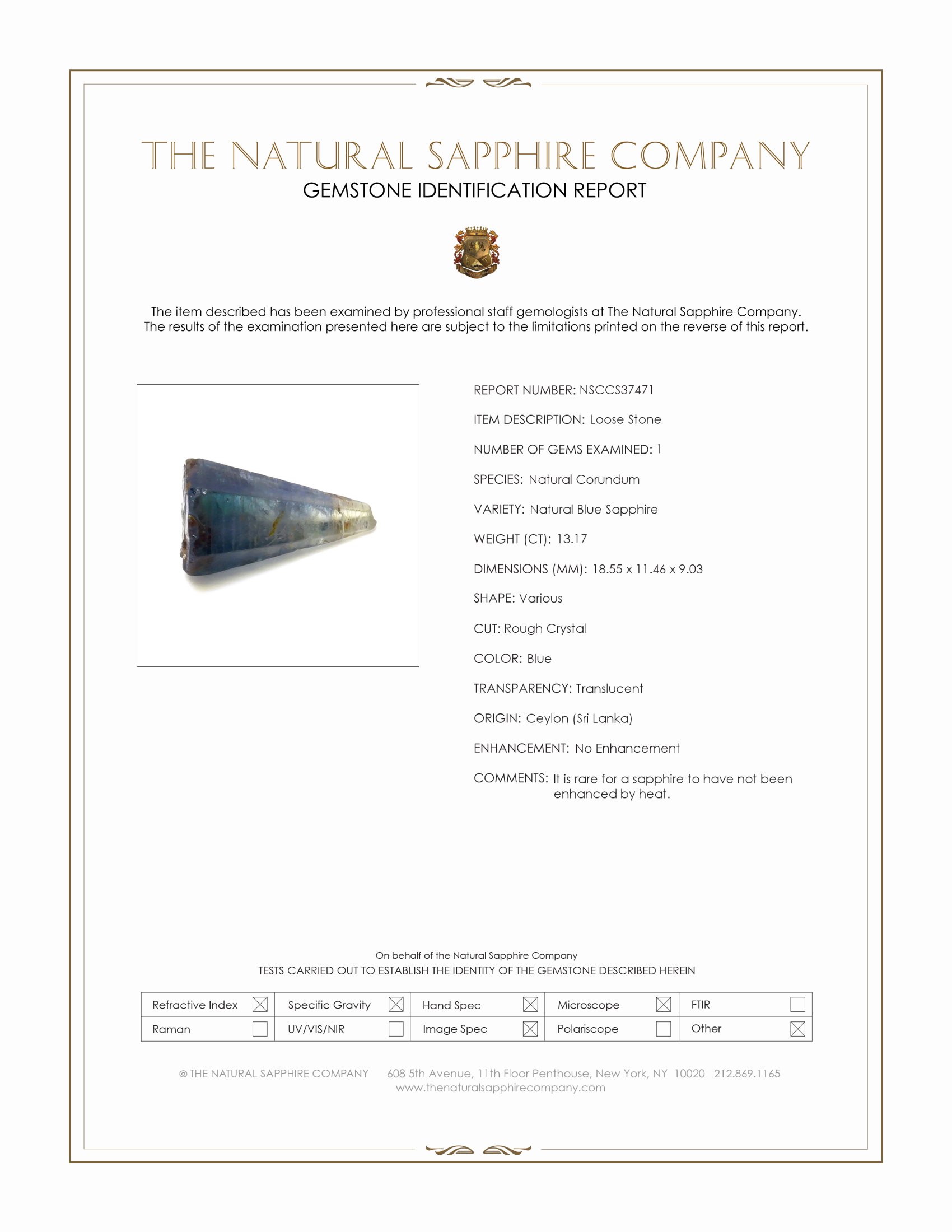 13.17 Ct. Blue Sapphire Crystal from Ceylon (Sri Lanka)