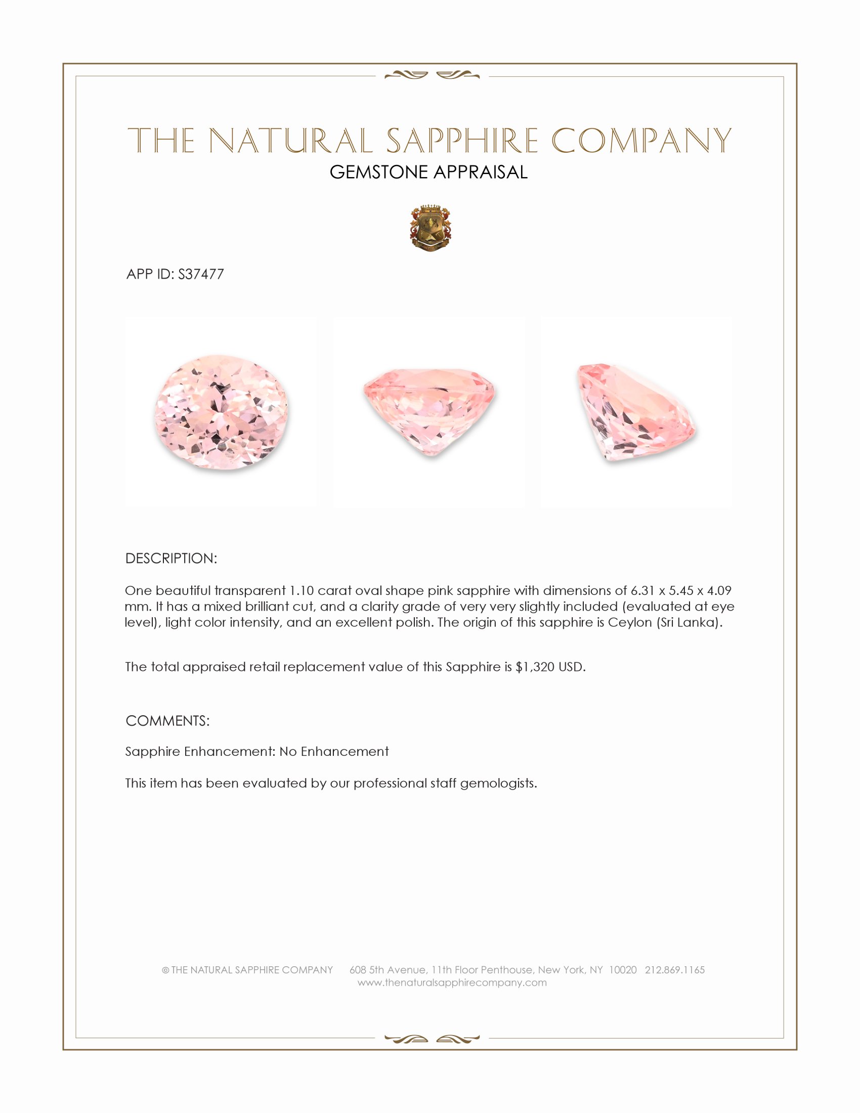 1.10 Ct. Pink Sapphire from Ceylon (Sri Lanka)
