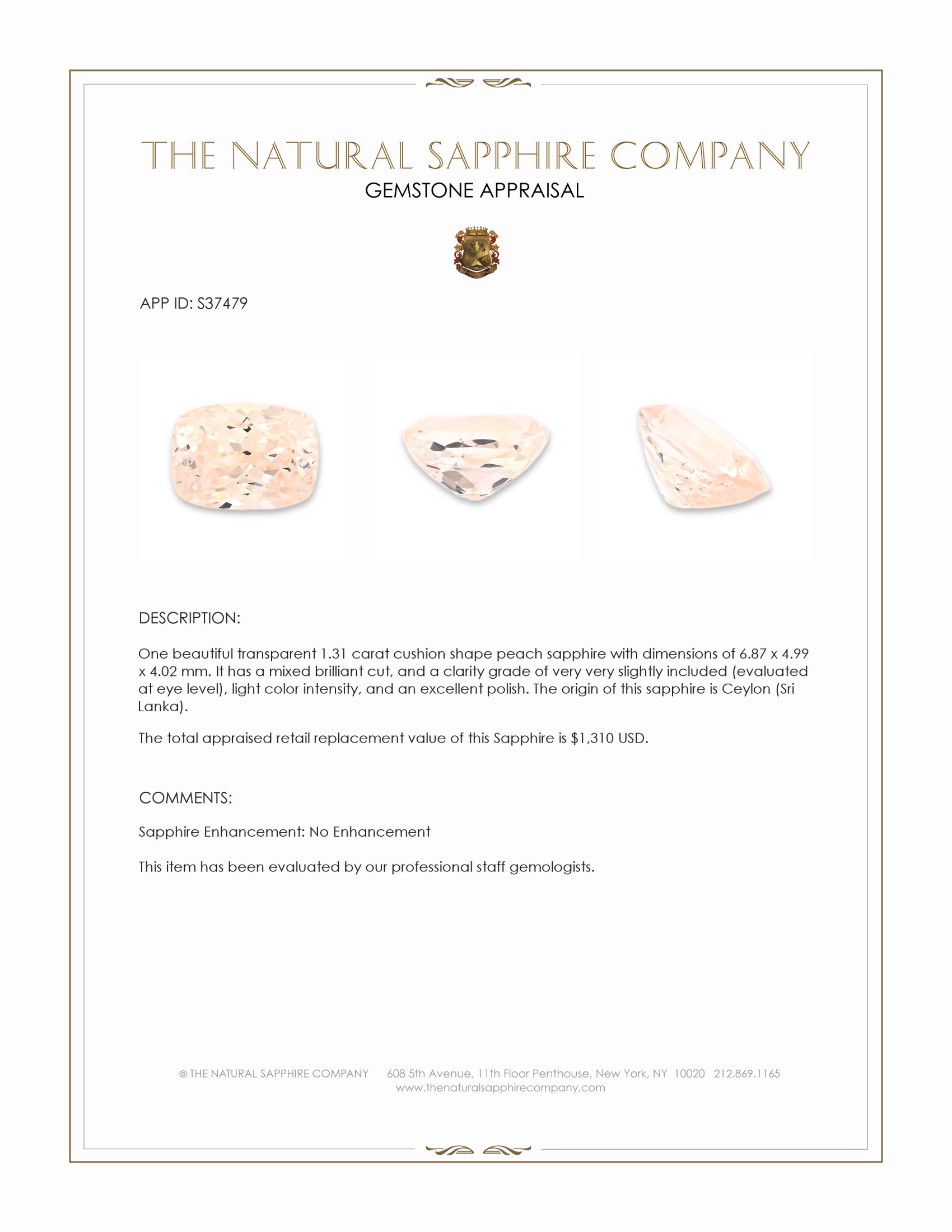 1.31 Ct. Peach Sapphire from Ceylon (Sri Lanka)