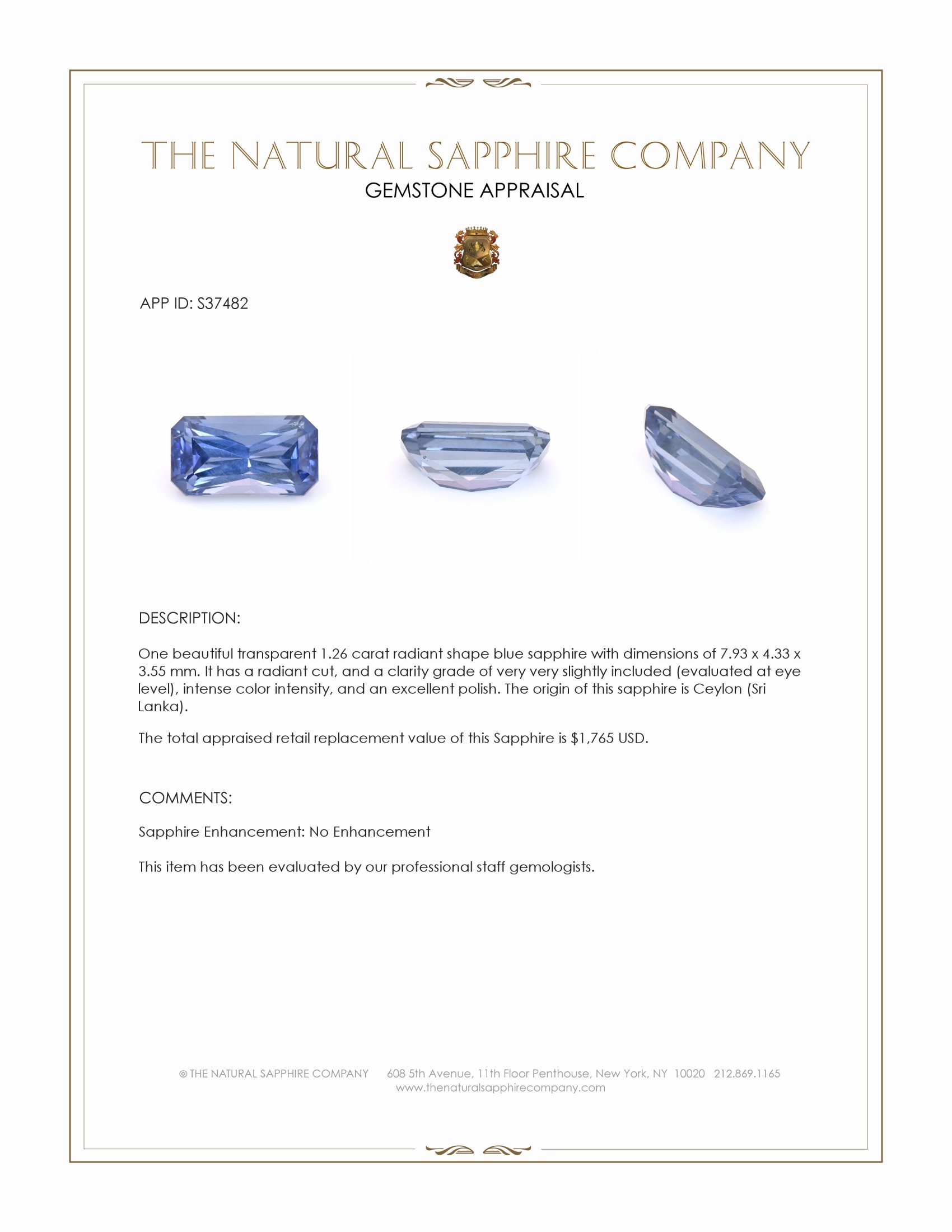 1.26 Ct. Blue Sapphire from Ceylon (Sri Lanka)