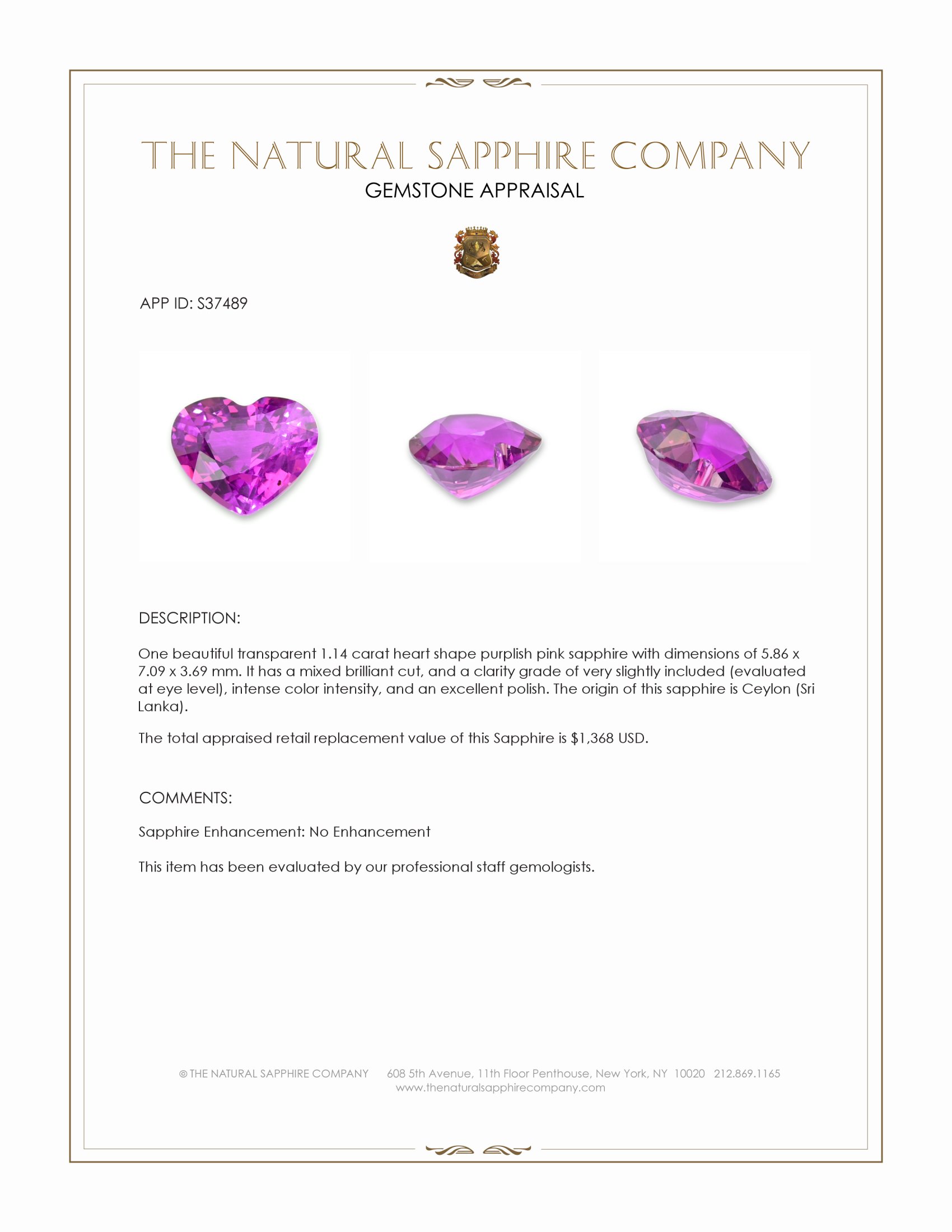 1.14 Ct. Purplish Pink Sapphire from Ceylon (Sri Lanka)