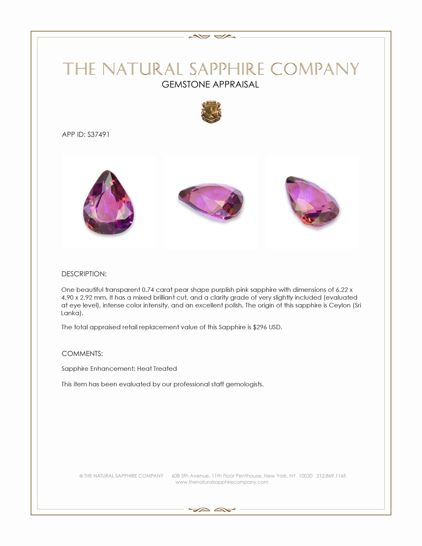 0.74 Ct. Purplish Pink Sapphire from Ceylon (Sri Lanka)