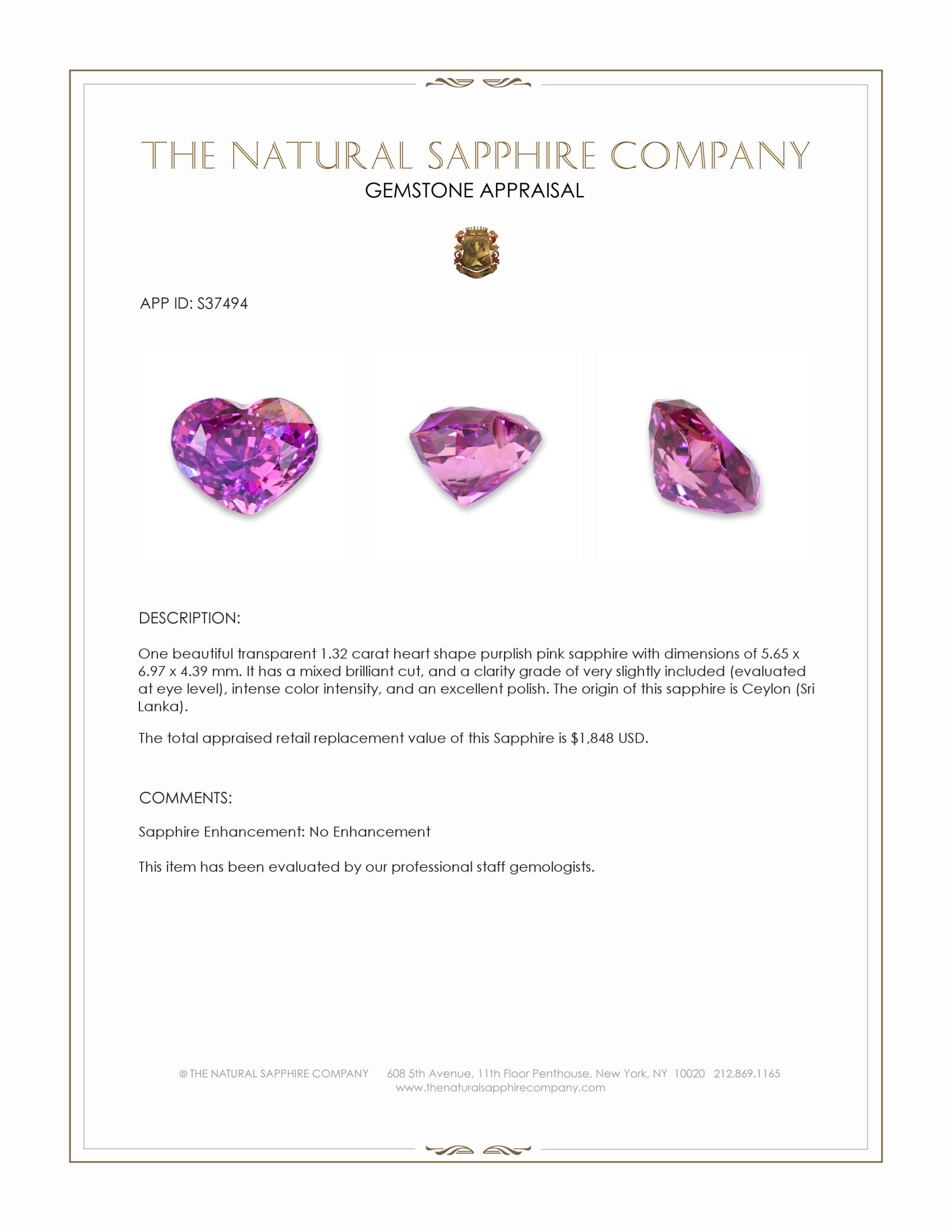 1.32 Ct. Purplish Pink Sapphire from Ceylon (Sri Lanka)