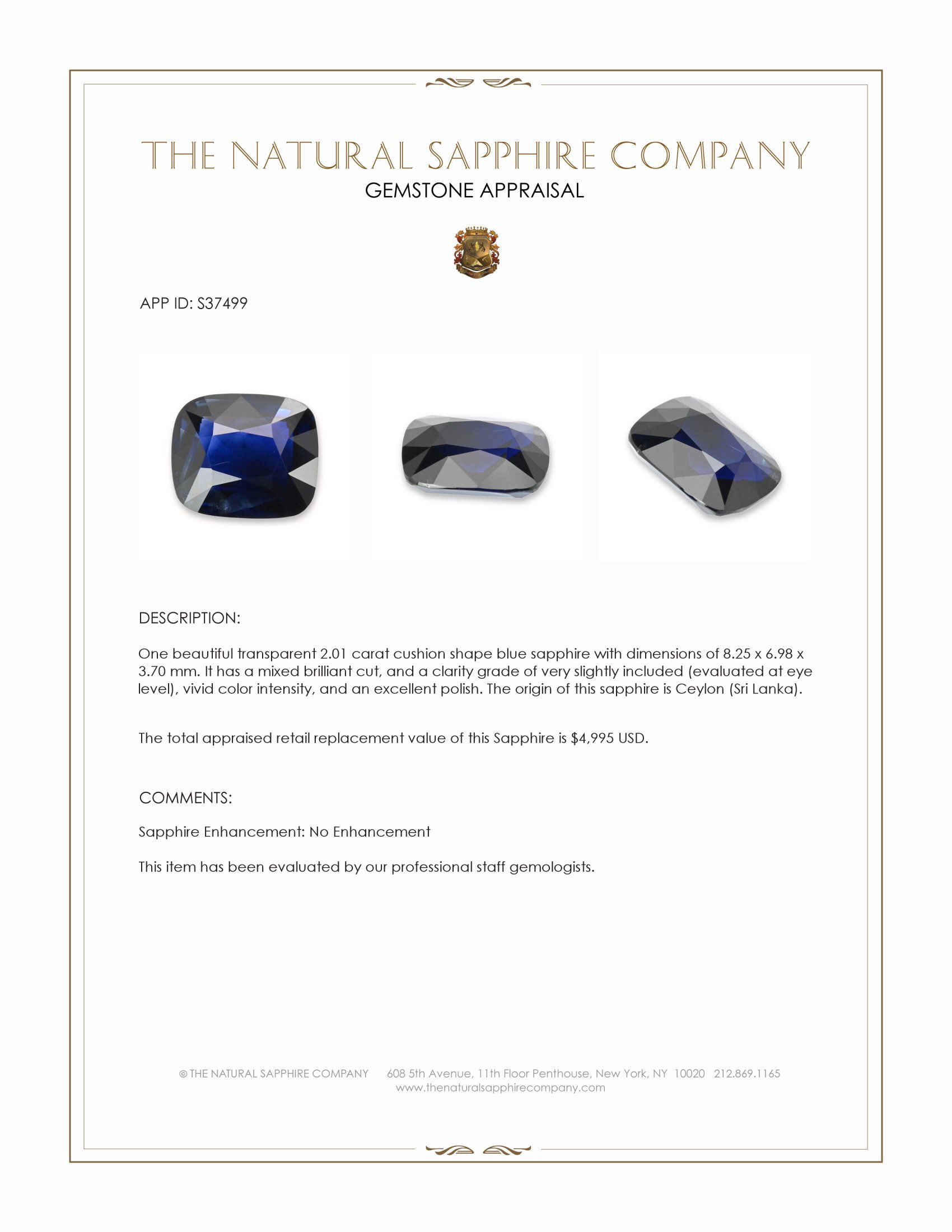 2.01 Ct. Blue Sapphire from Ceylon (Sri Lanka)