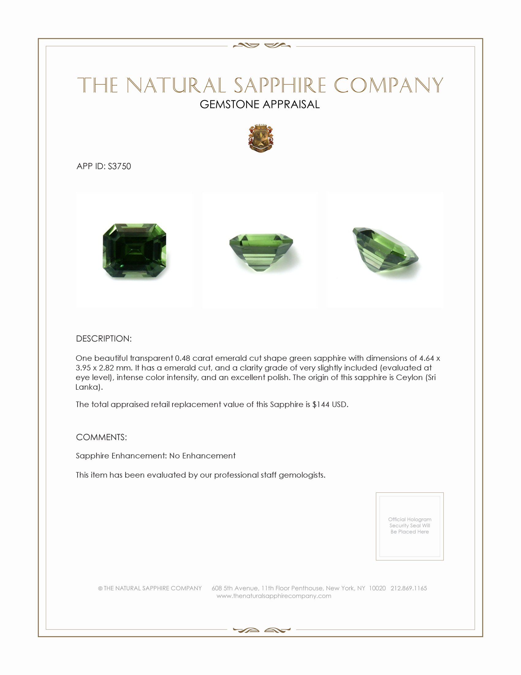 0.48 Ct. Green Sapphire from Ceylon (Sri Lanka)