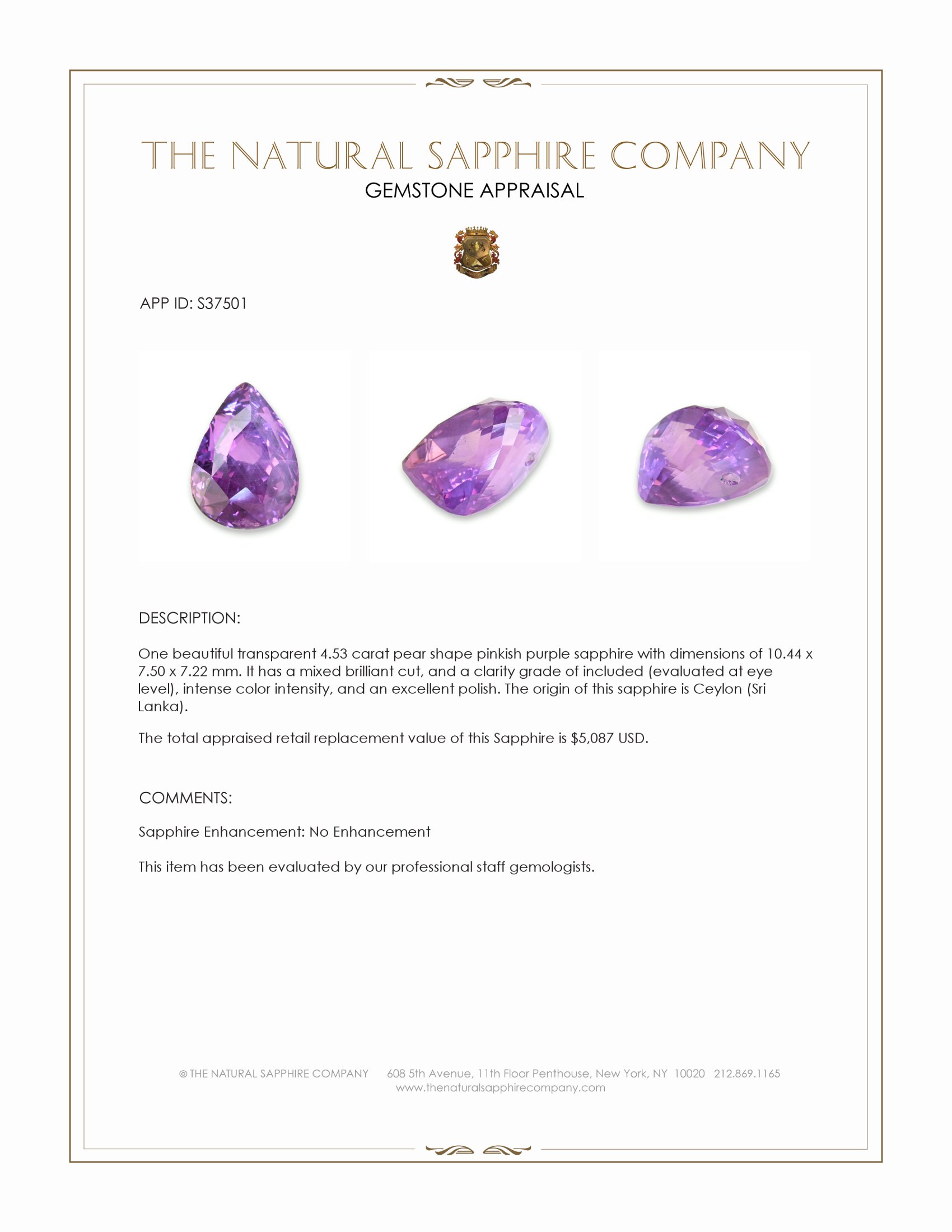 4.53 Ct. Pinkish Purple Sapphire from Ceylon (Sri Lanka)