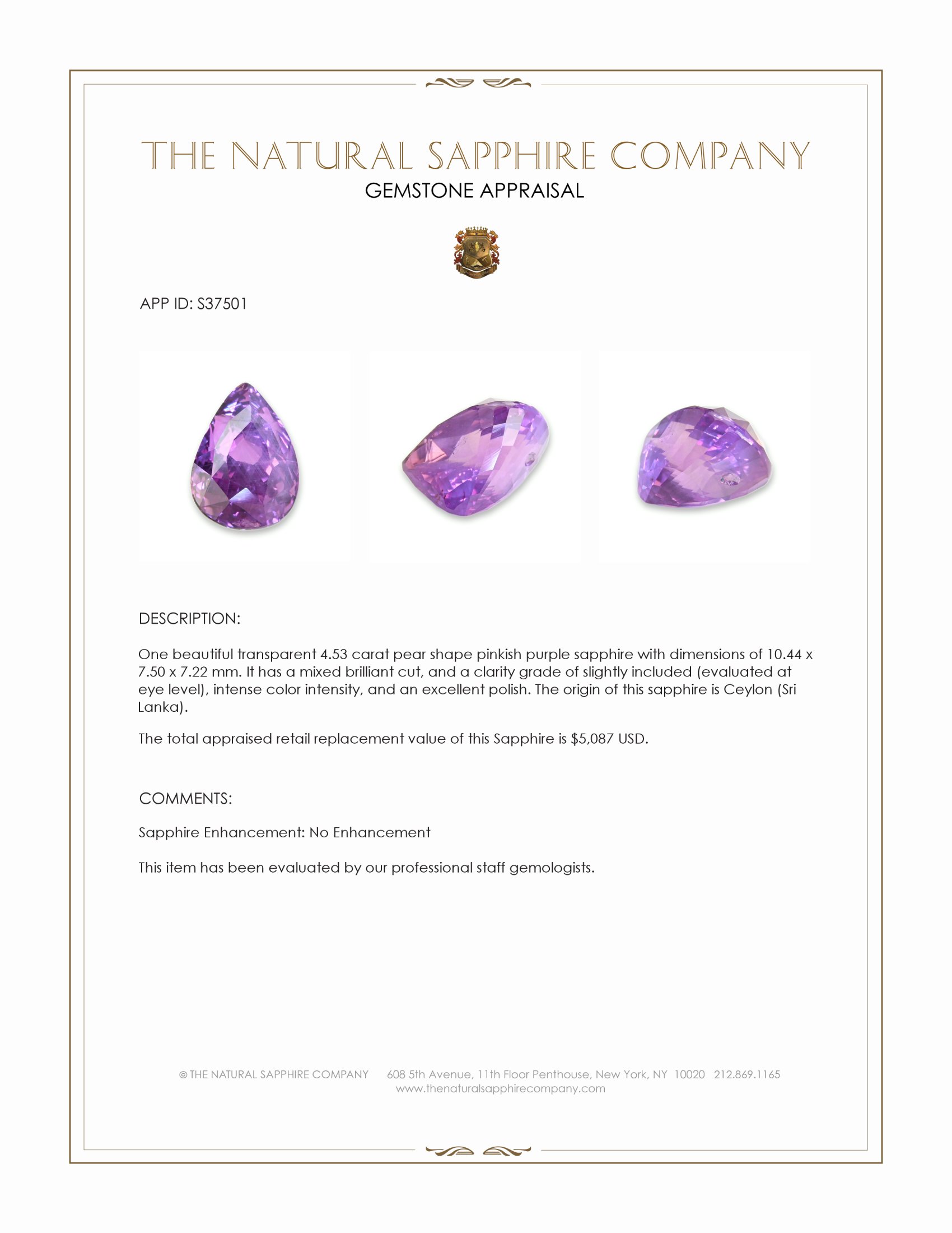 4.53 Ct. Pinkish Purple Sapphire from Ceylon (Sri Lanka)