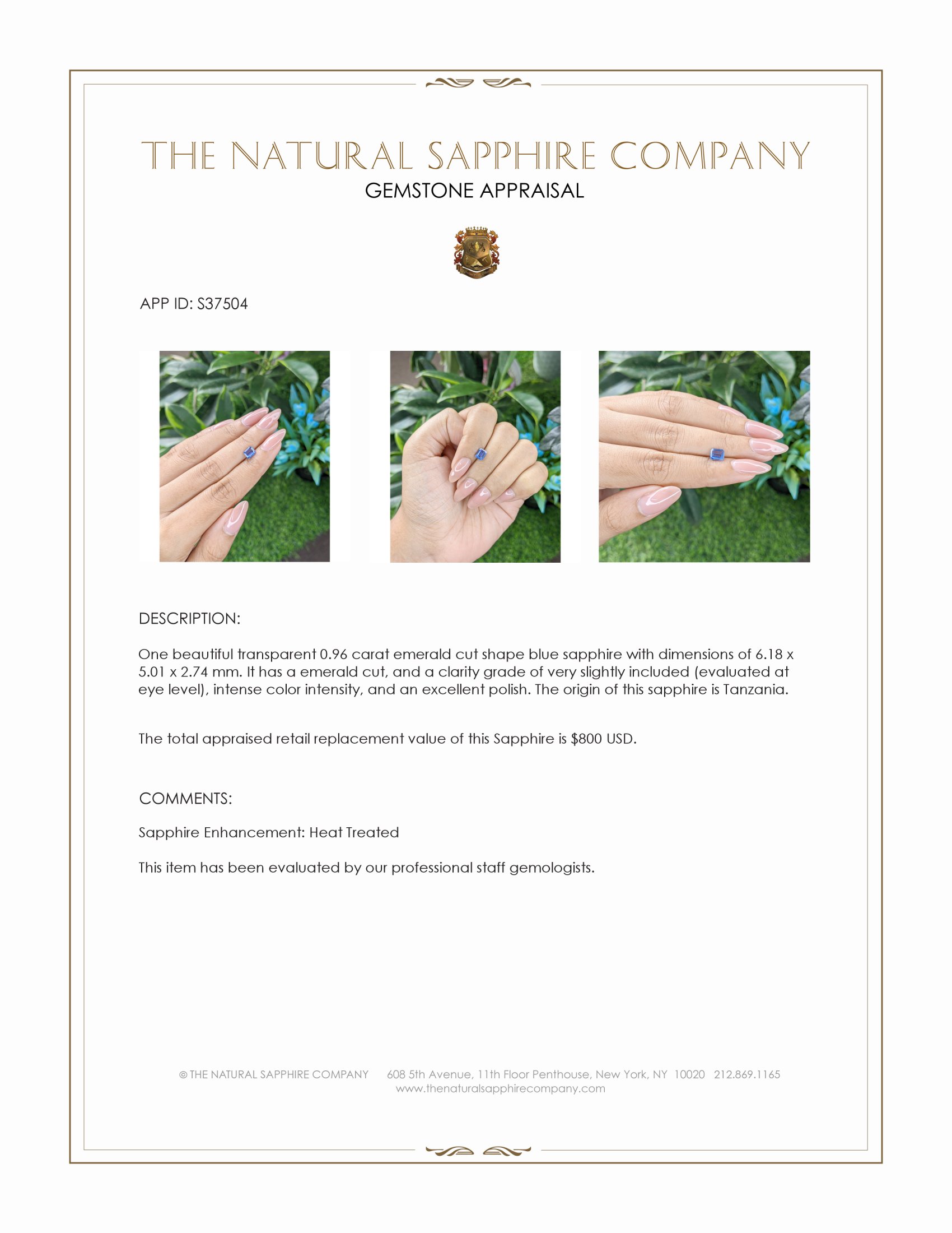 0.96 Ct. Blue Sapphire from Tanzania