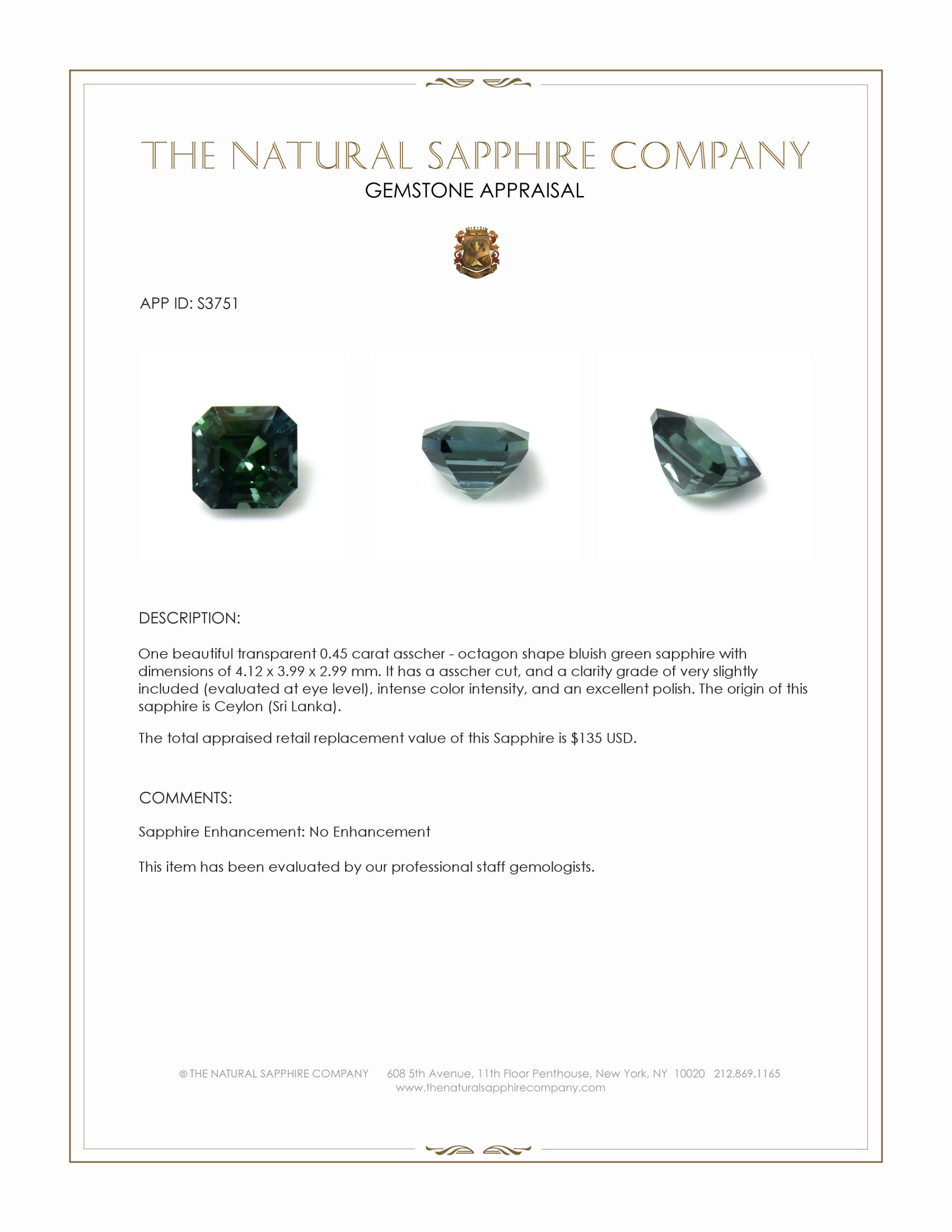 0.45 Ct. Bluish Green Sapphire from Ceylon (Sri Lanka)