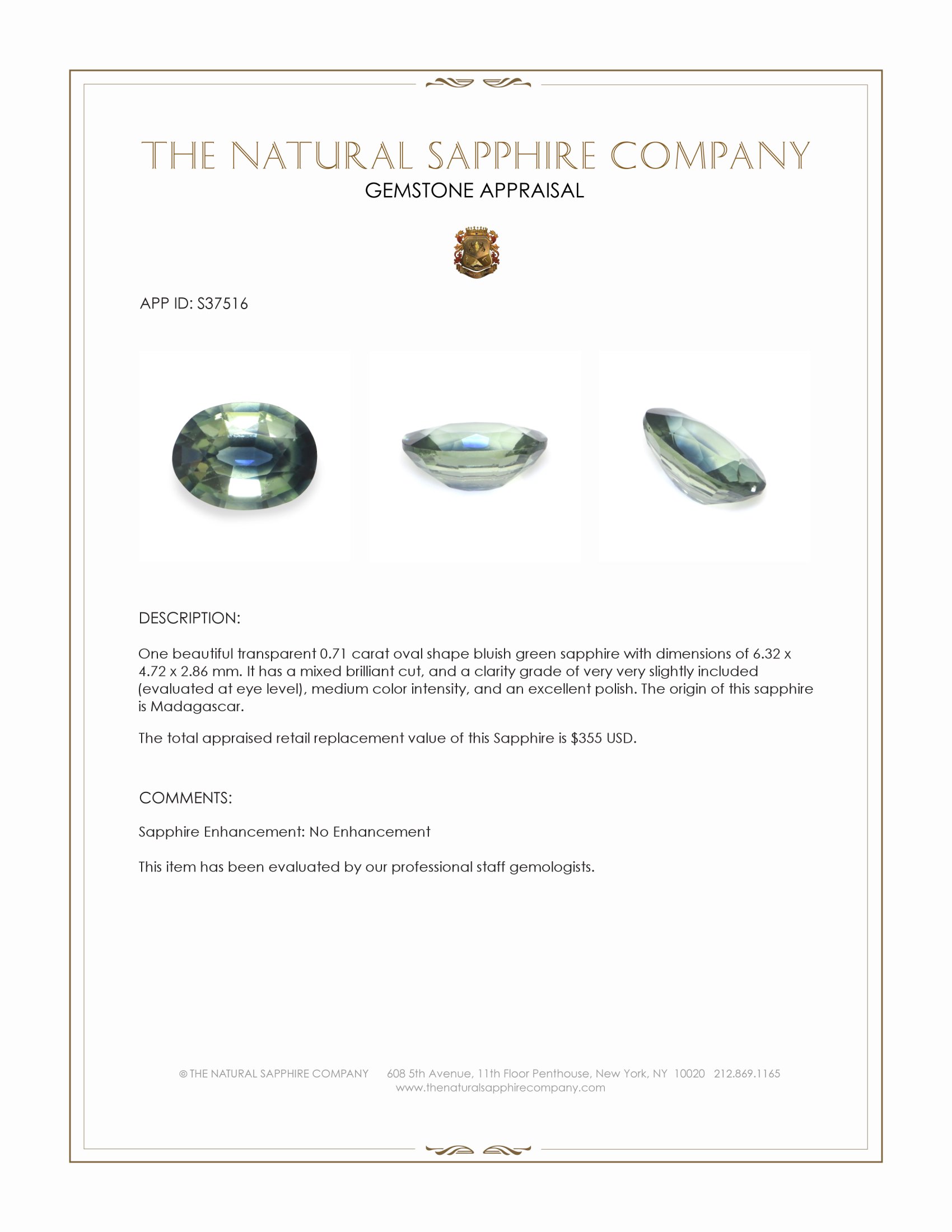 0.71 Ct. Bluish Green Sapphire from Madagascar
