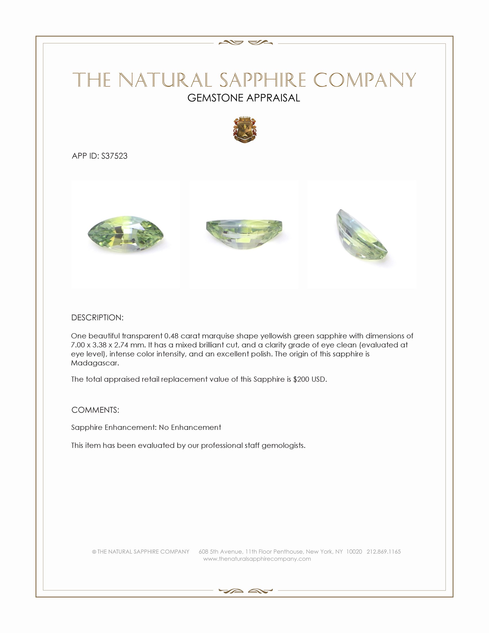 0.48 Ct. Yellowish Green Sapphire from Madagascar