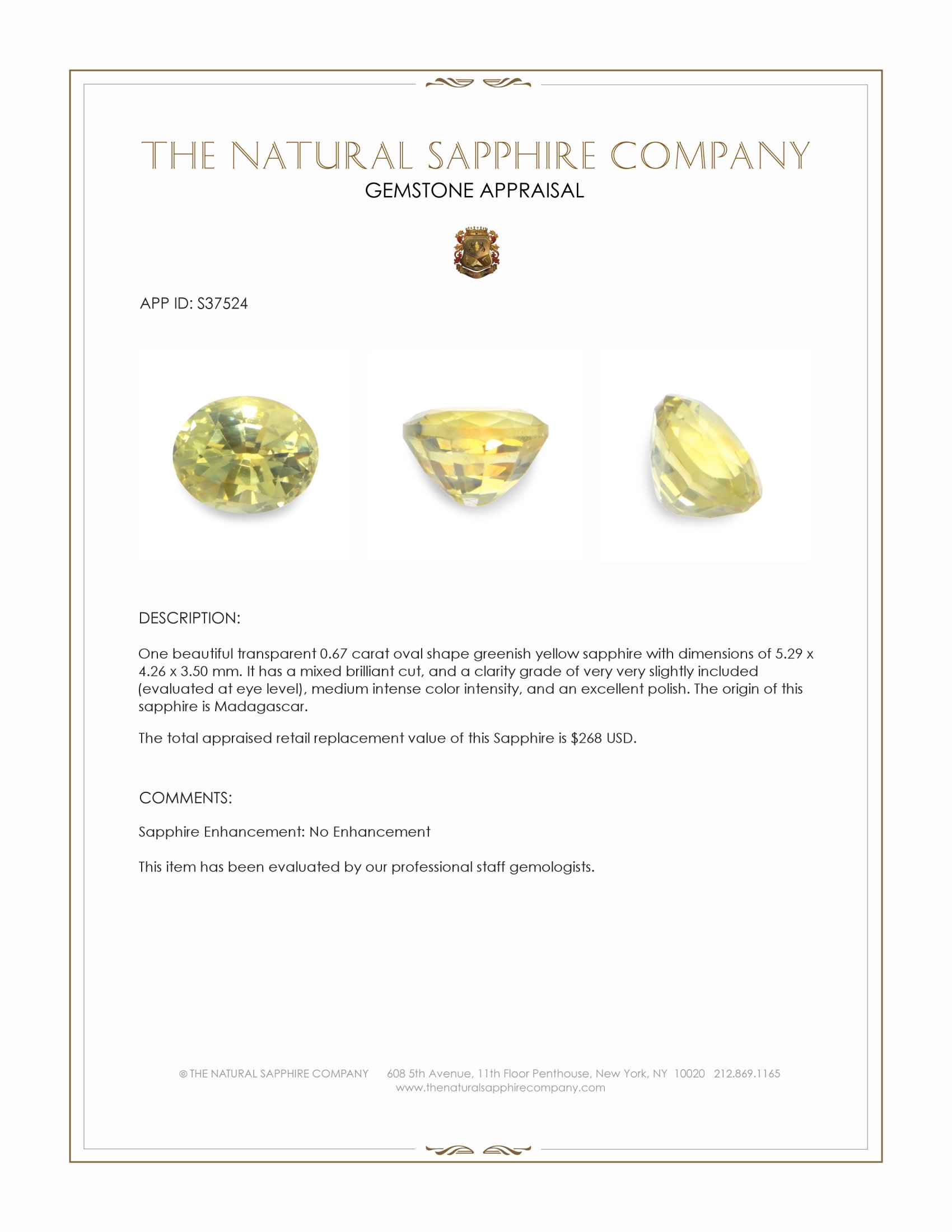 0.67 Ct. Greenish Yellow Sapphire from Madagascar