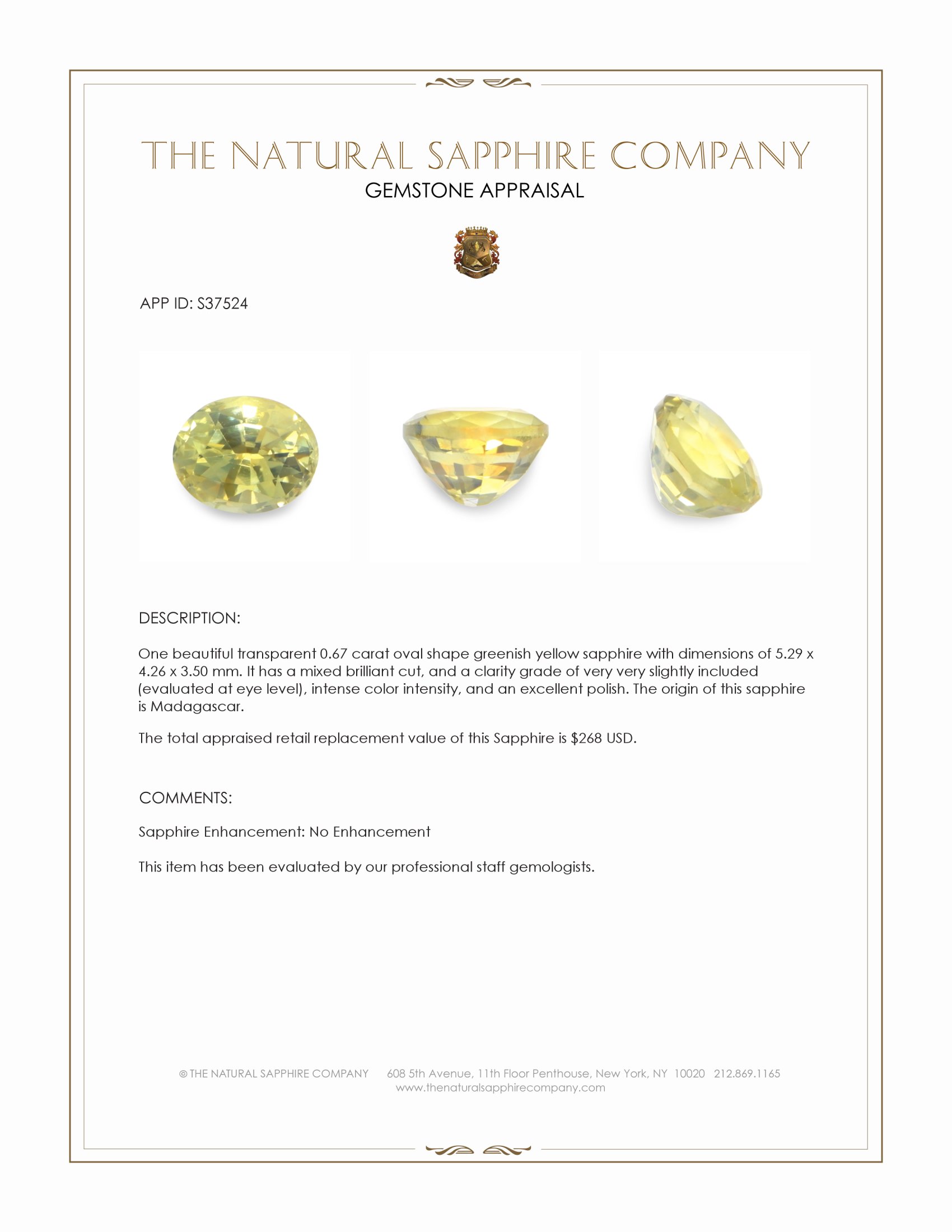 0.67 Ct. Greenish Yellow Sapphire from Madagascar