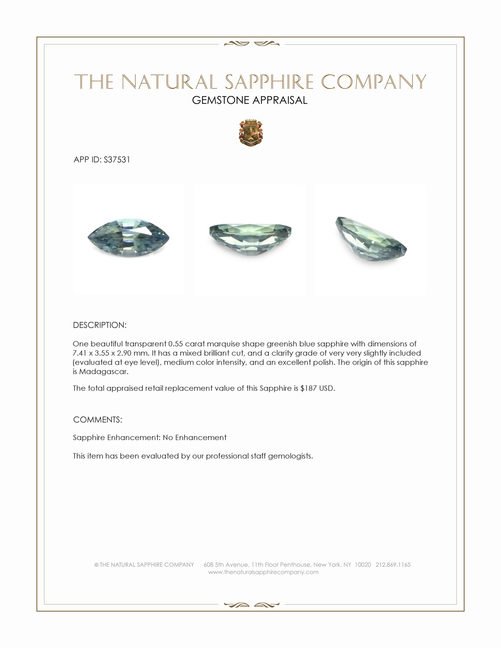 0.55 Ct. Greenish Blue Sapphire from Madagascar