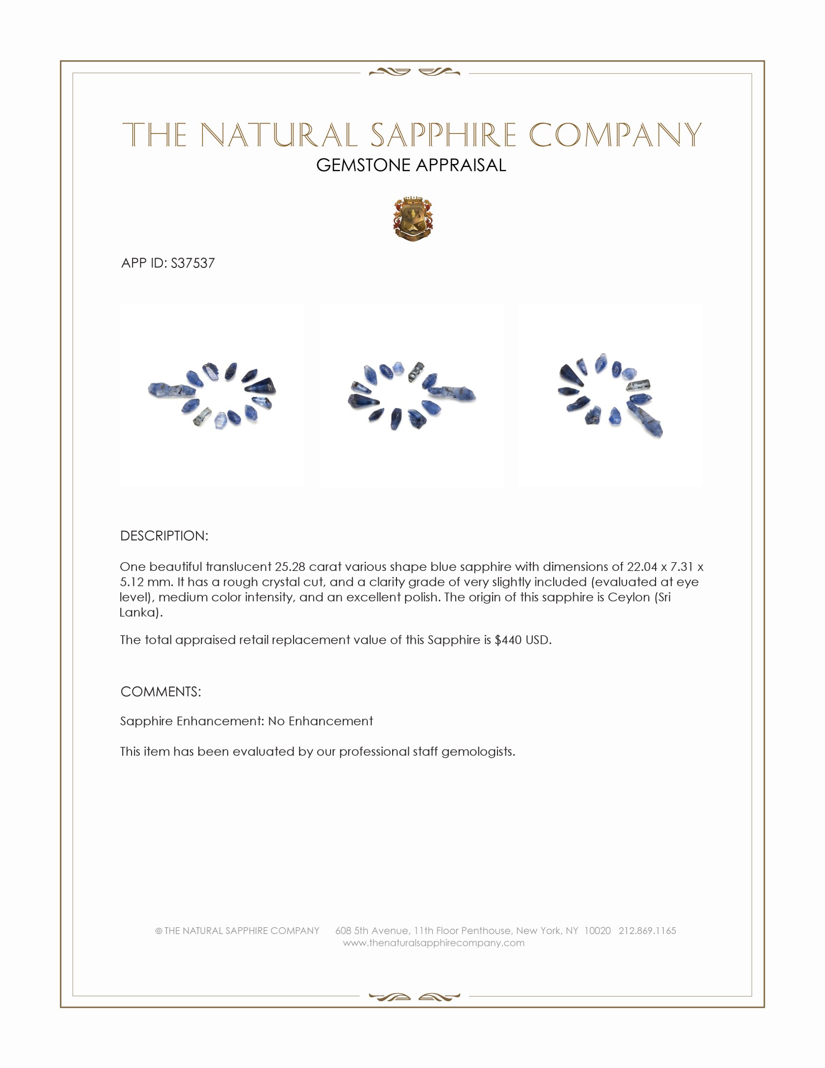 25.28 Ct. Blue Sapphire Crystal from Ceylon (Sri Lanka)