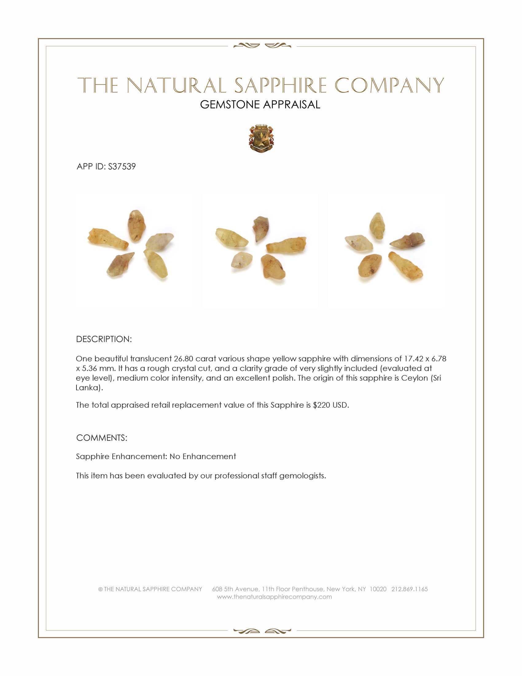 26.80 Ct. Yellow Sapphire Crystal from Ceylon (Sri Lanka)