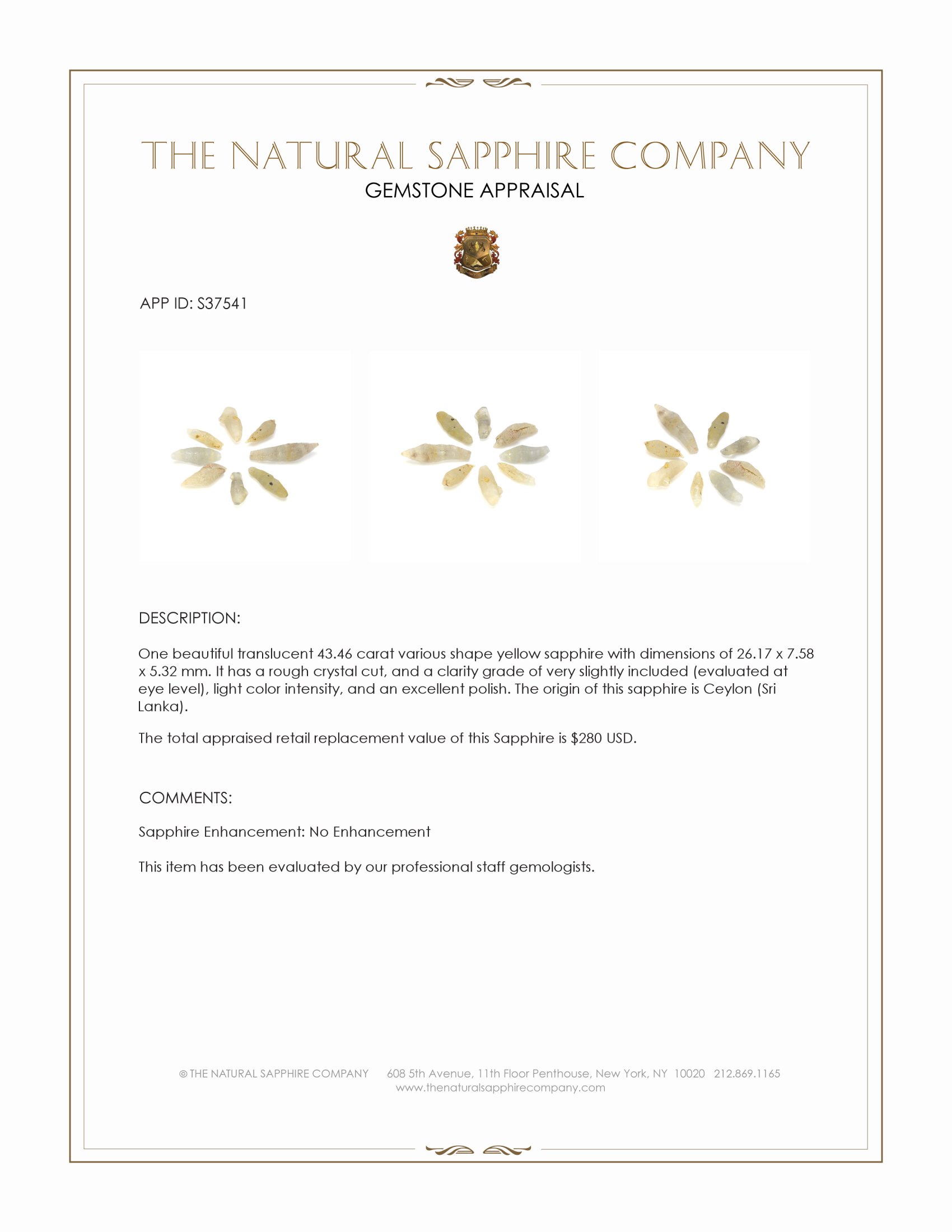 43.46 Ct. Yellow Sapphire Crystal from Ceylon (Sri Lanka)