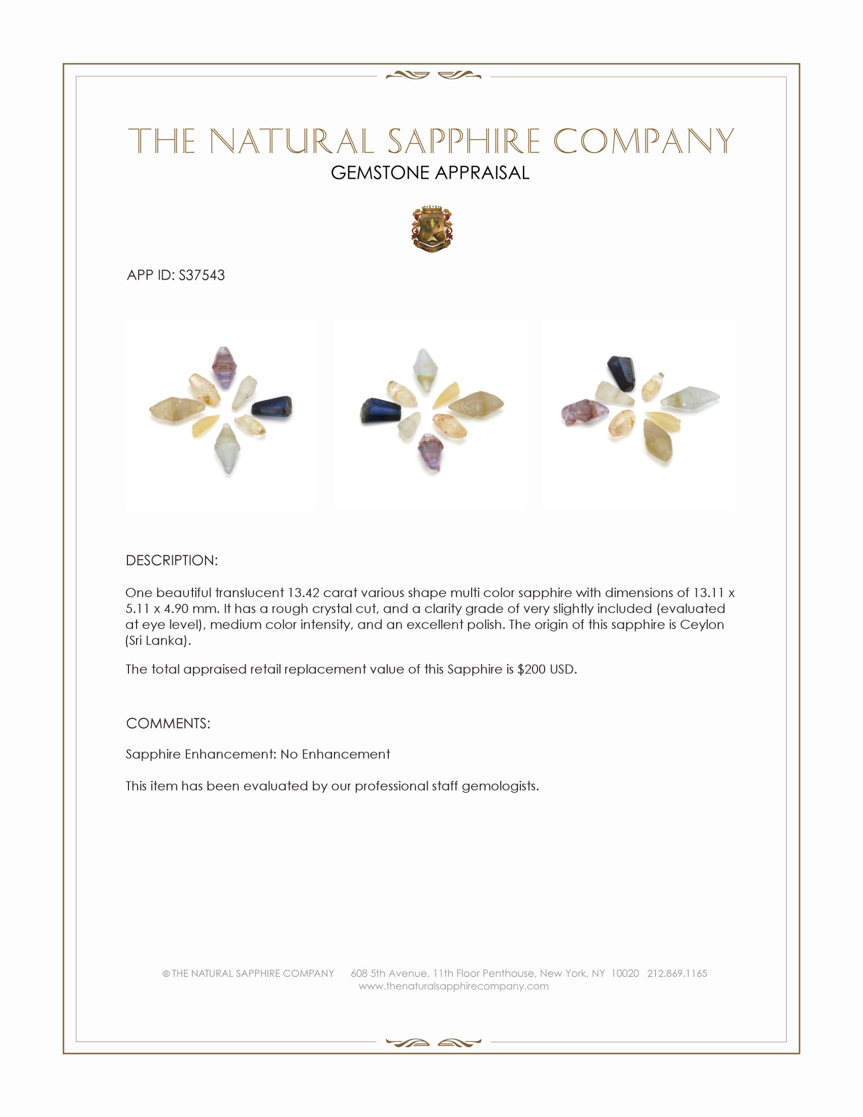 13.42 Ct. Multi Color Sapphire Crystal from Ceylon (Sri Lanka)