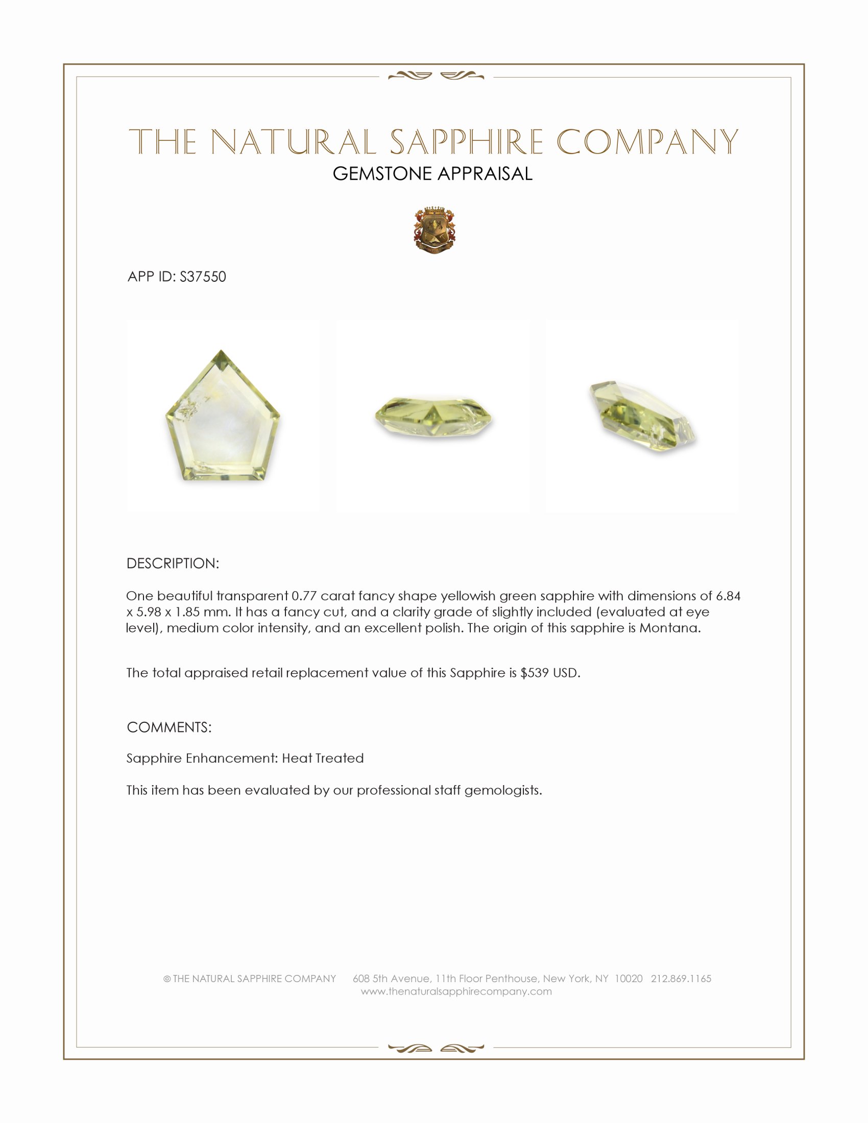 0.77 Ct. Yellowish Green Sapphire from Montana