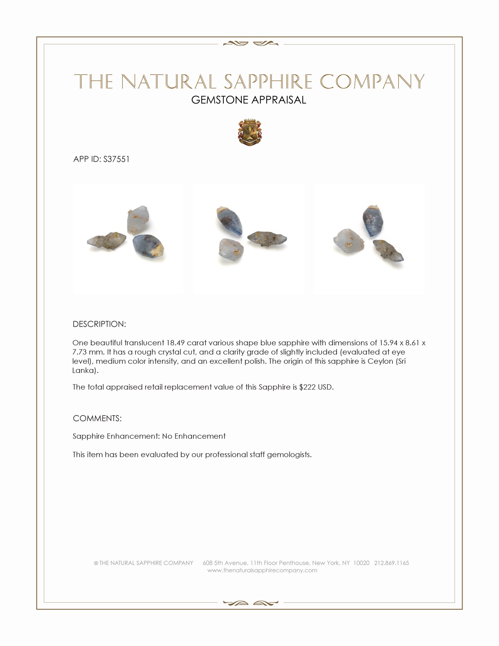 18.49 Ct. Blue Sapphire Crystal from Ceylon (Sri Lanka)