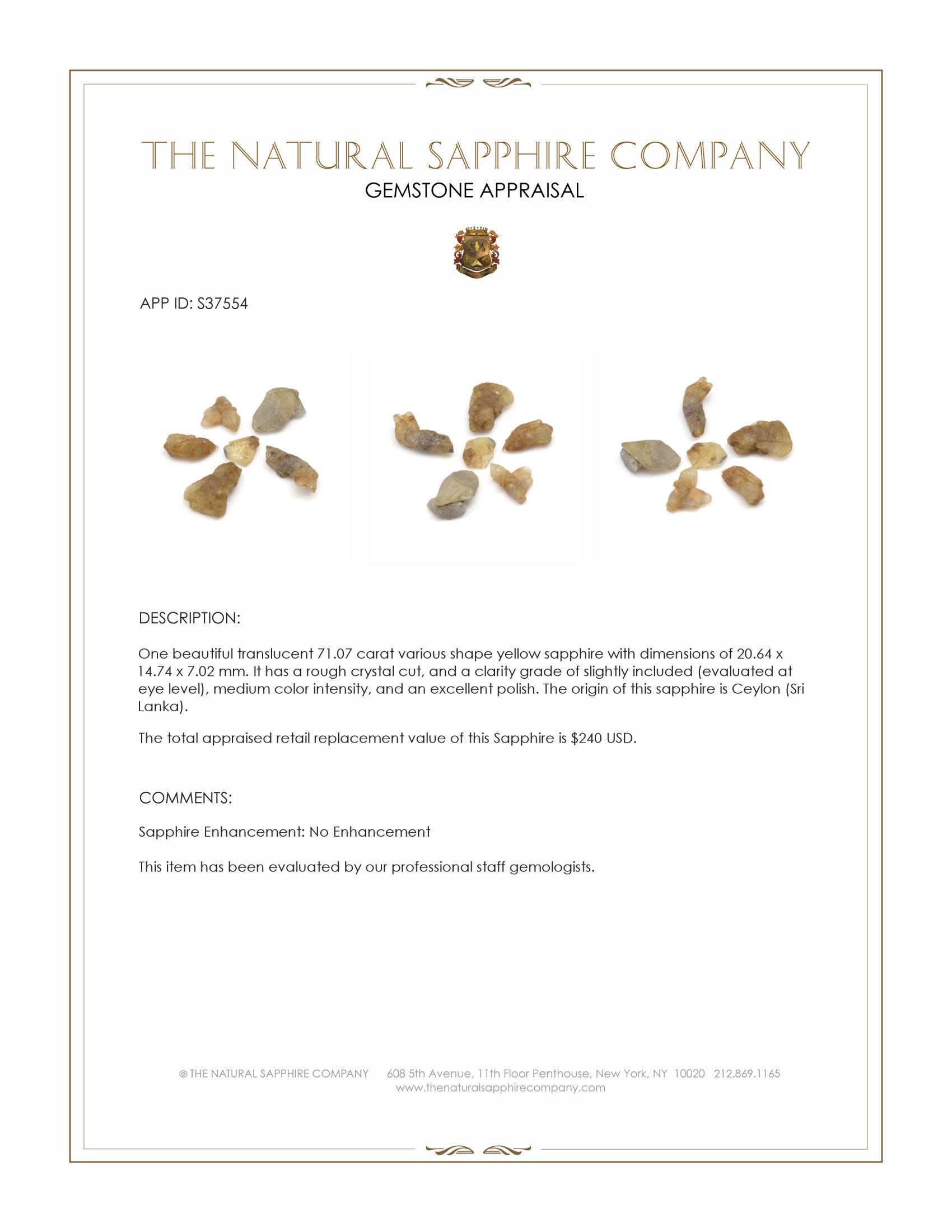 71.07 Ct. Yellow Sapphire Crystal from Ceylon (Sri Lanka)