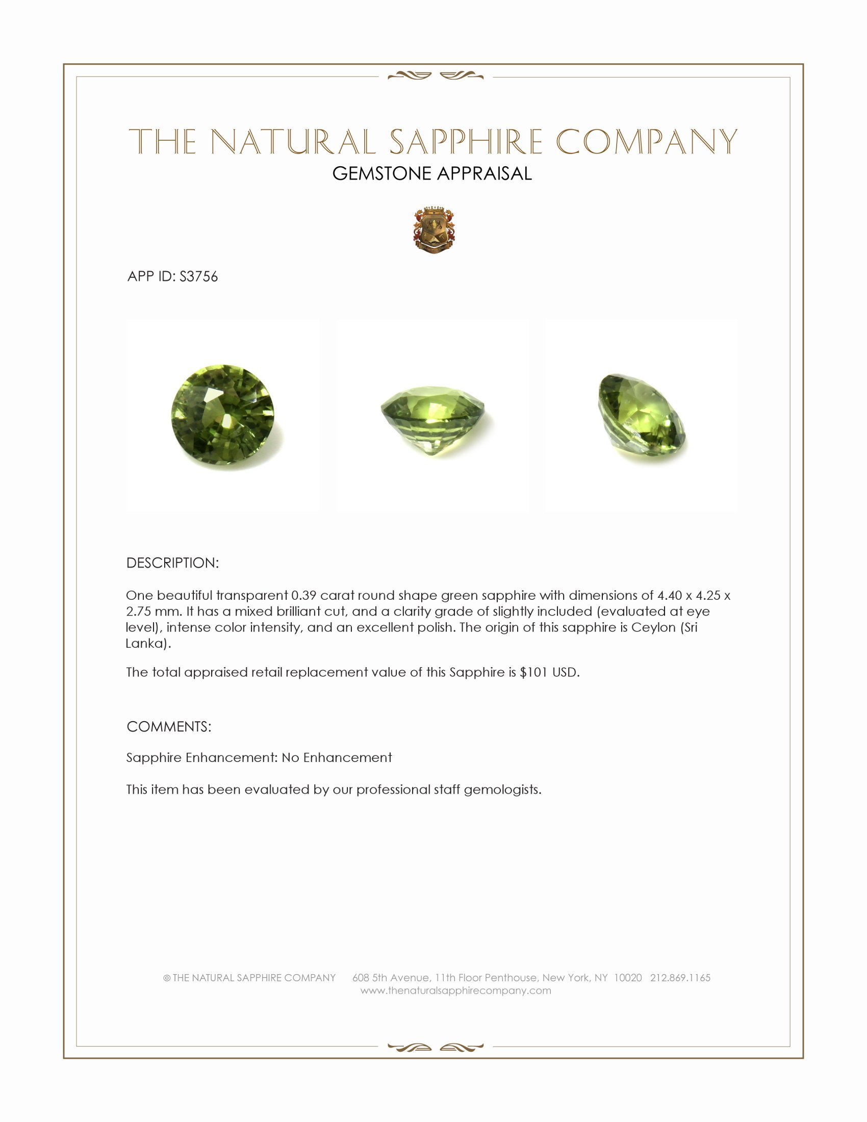 0.39 Ct. Green Sapphire from Ceylon (Sri Lanka)