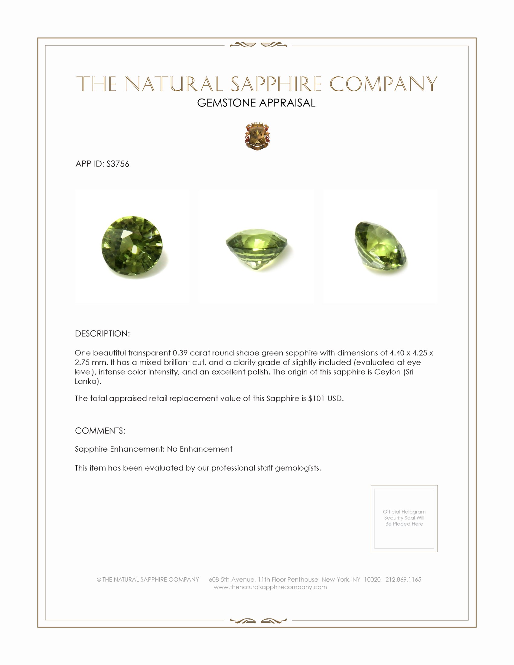 0.39 Ct. Green Sapphire from Ceylon (Sri Lanka)