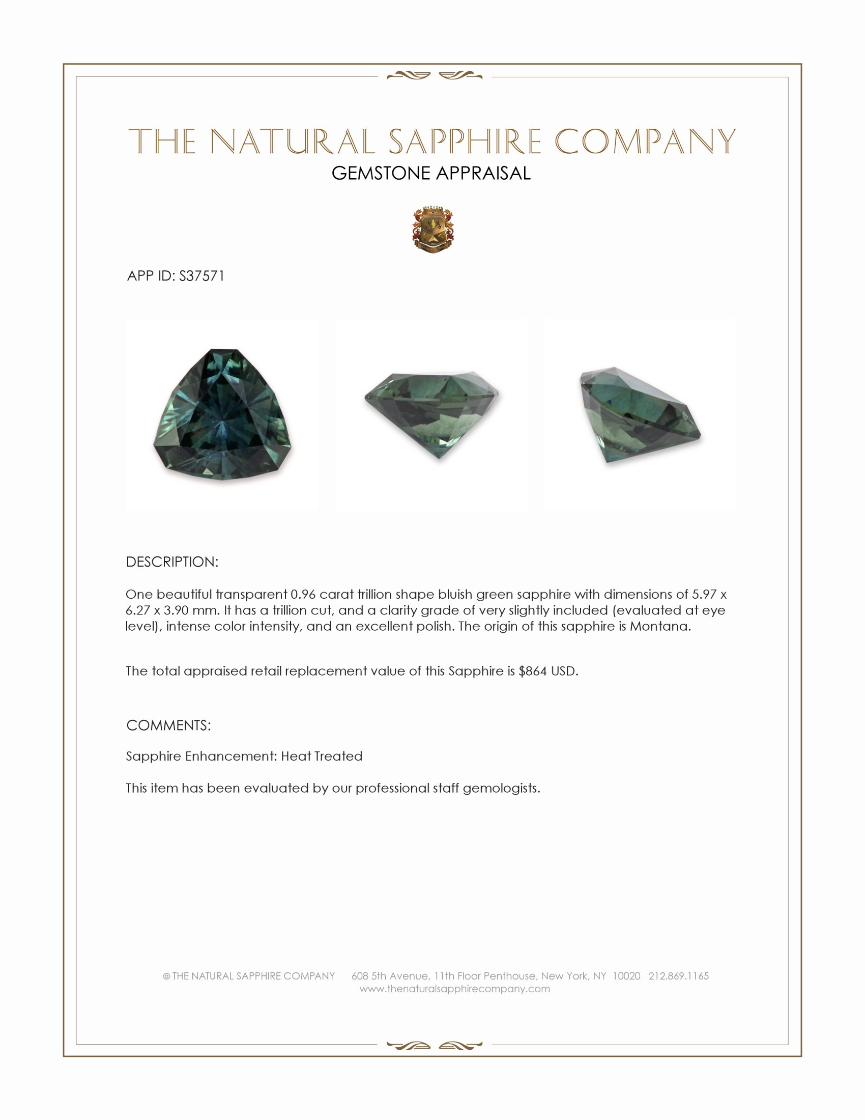 0.96 Ct. Bluish Green Sapphire from Montana
