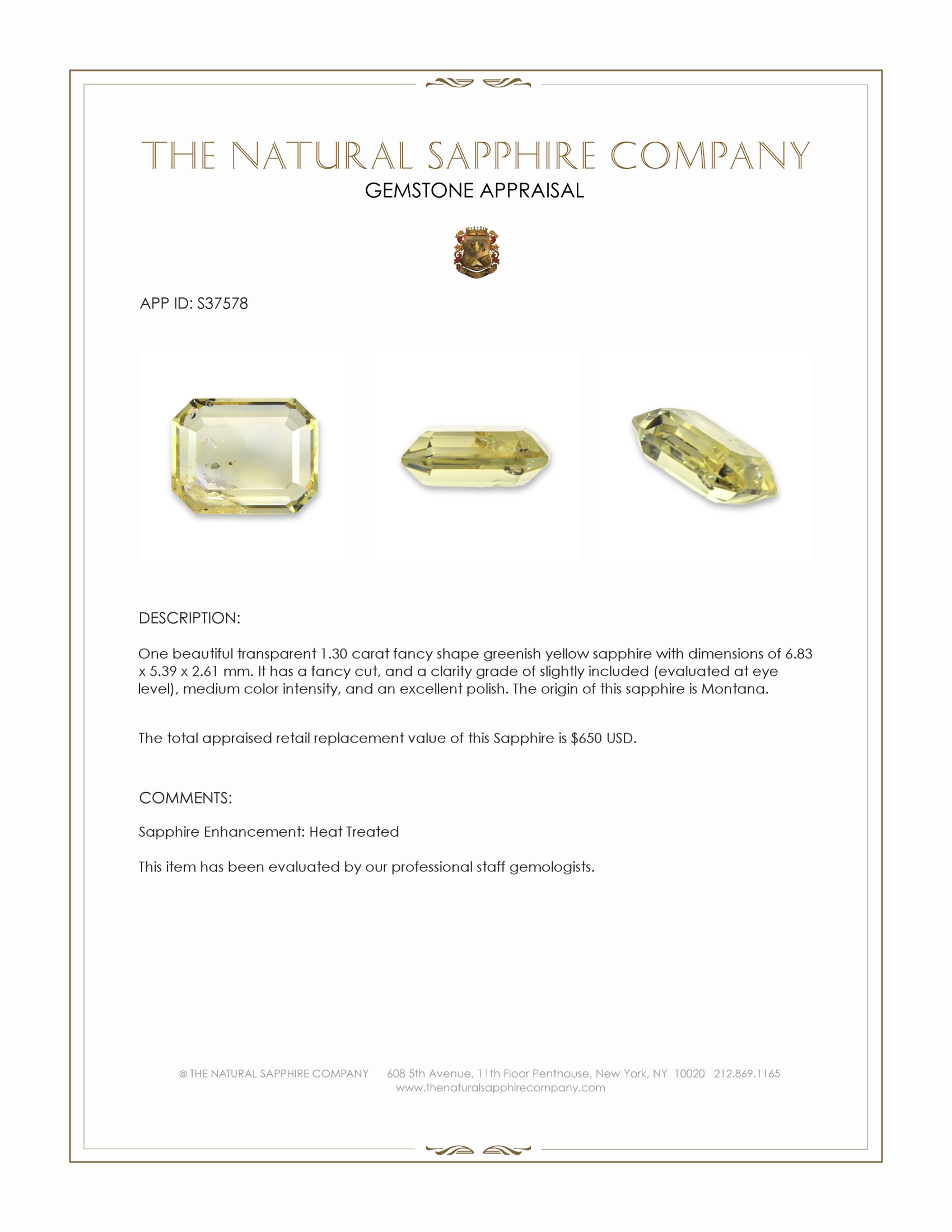 1.30 Ct. Greenish Yellow Sapphire from Montana