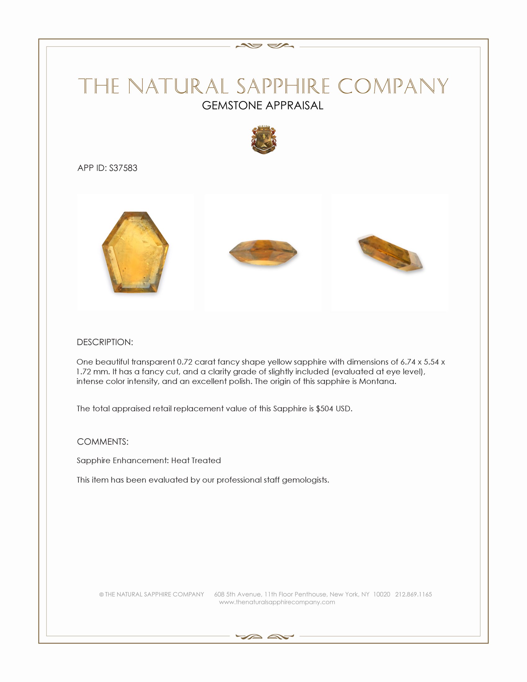 0.72 Ct. Yellow Sapphire from Montana