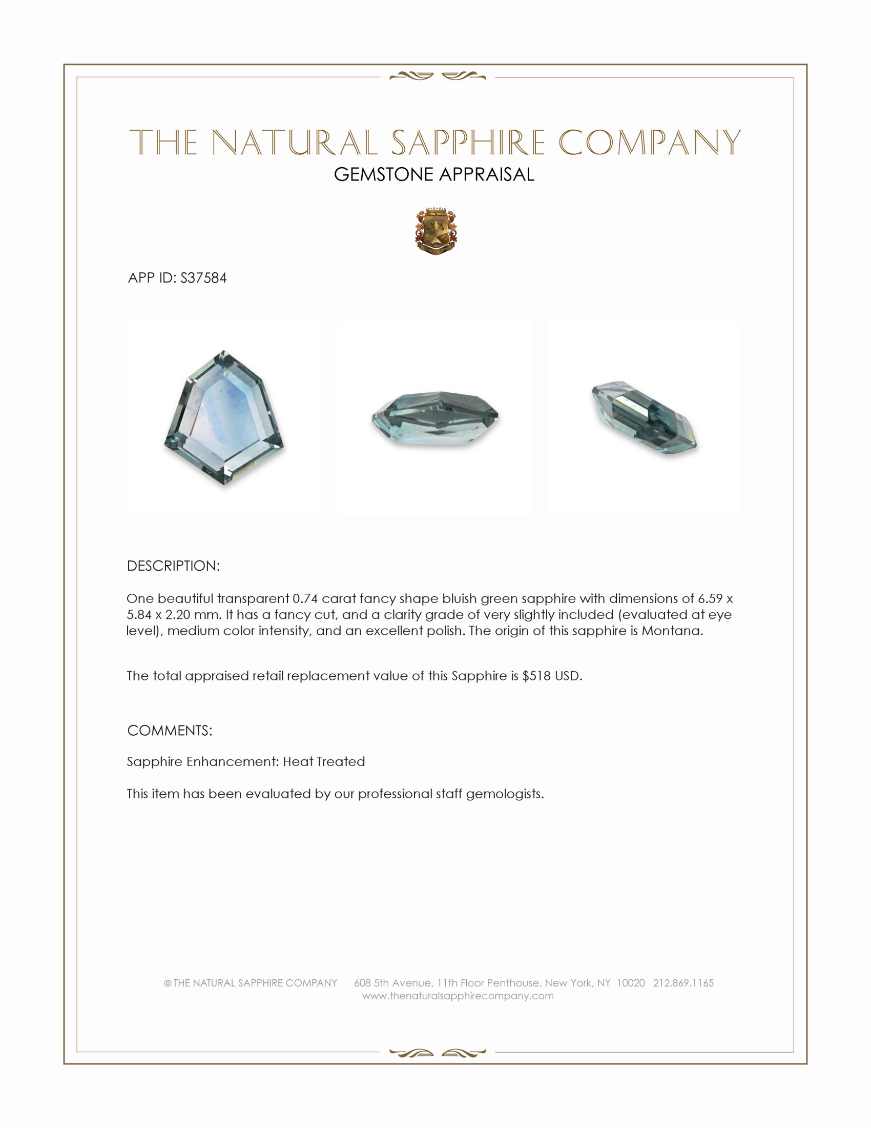 0.74 Ct. Bluish Green Sapphire from Montana