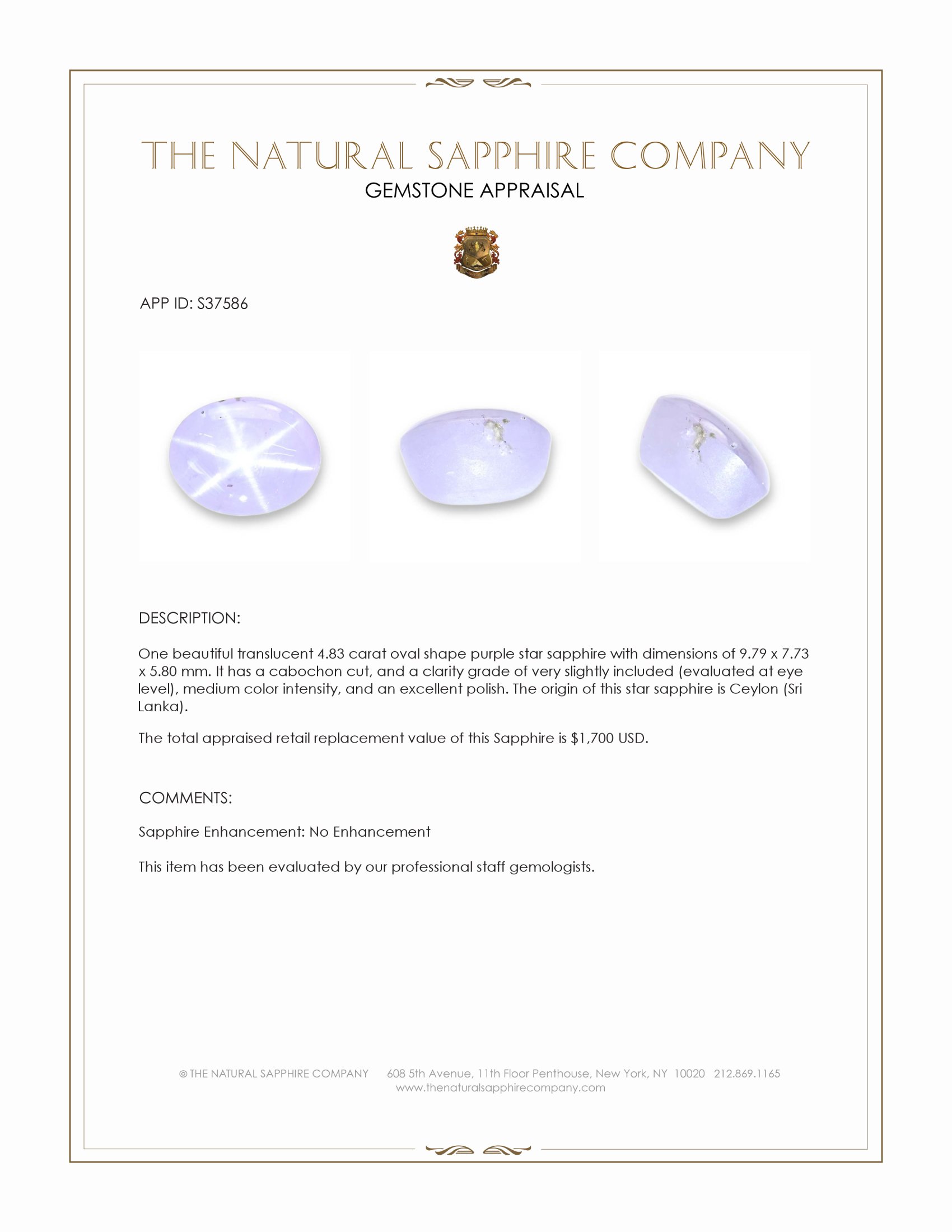 4.83 Ct. Purple Star Sapphire from Ceylon (Sri Lanka)