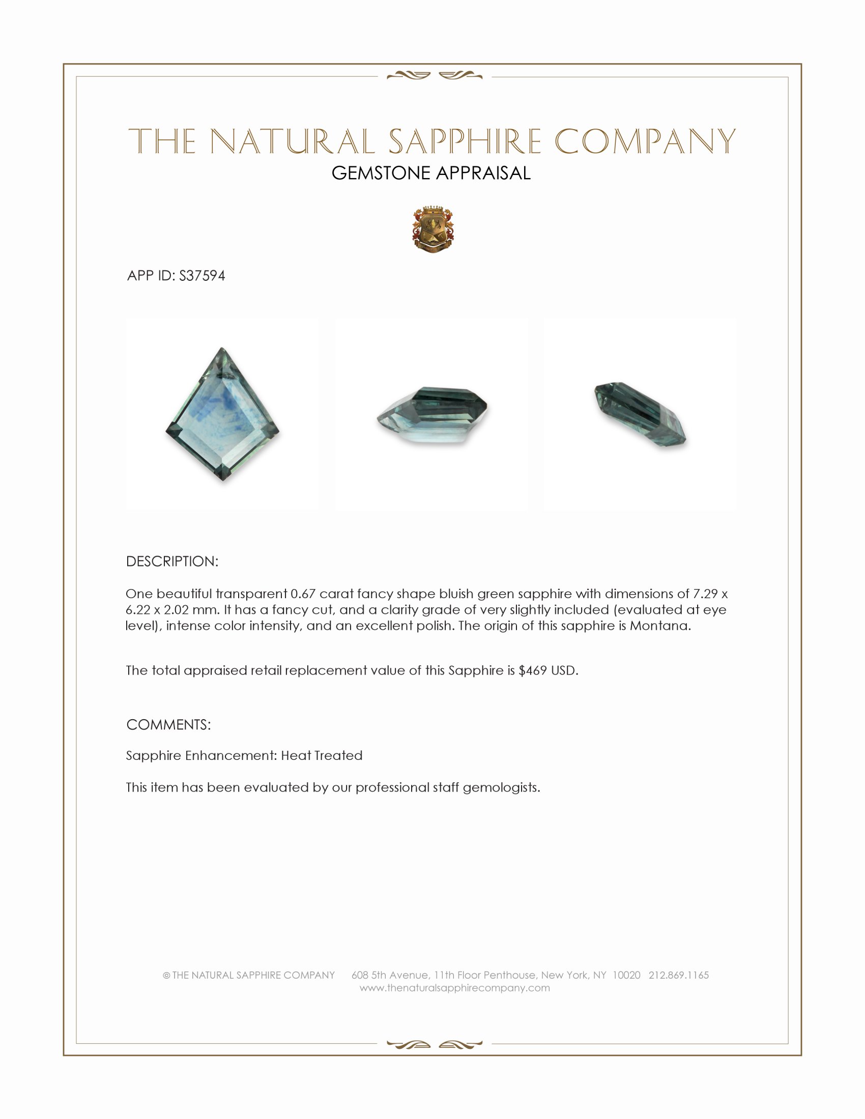 0.67 Ct. Bluish Green Sapphire from Montana