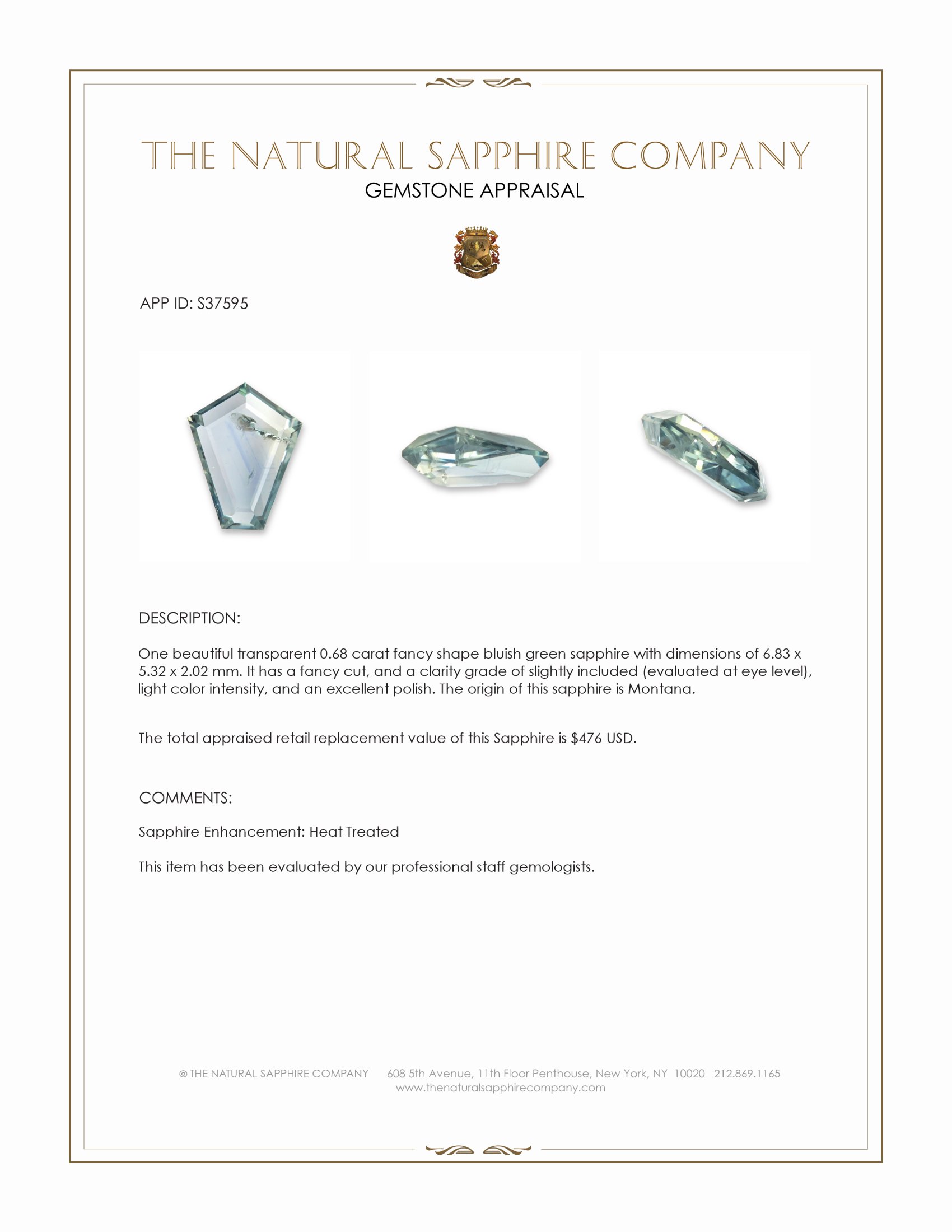 0.68 Ct. Bluish Green Sapphire from Montana