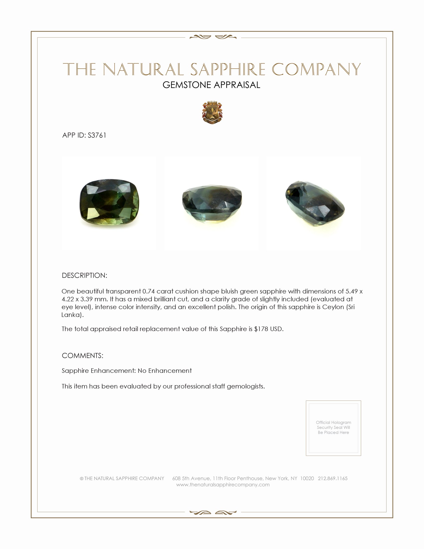 0.74 Ct. Bluish Green Sapphire from Ceylon (Sri Lanka)