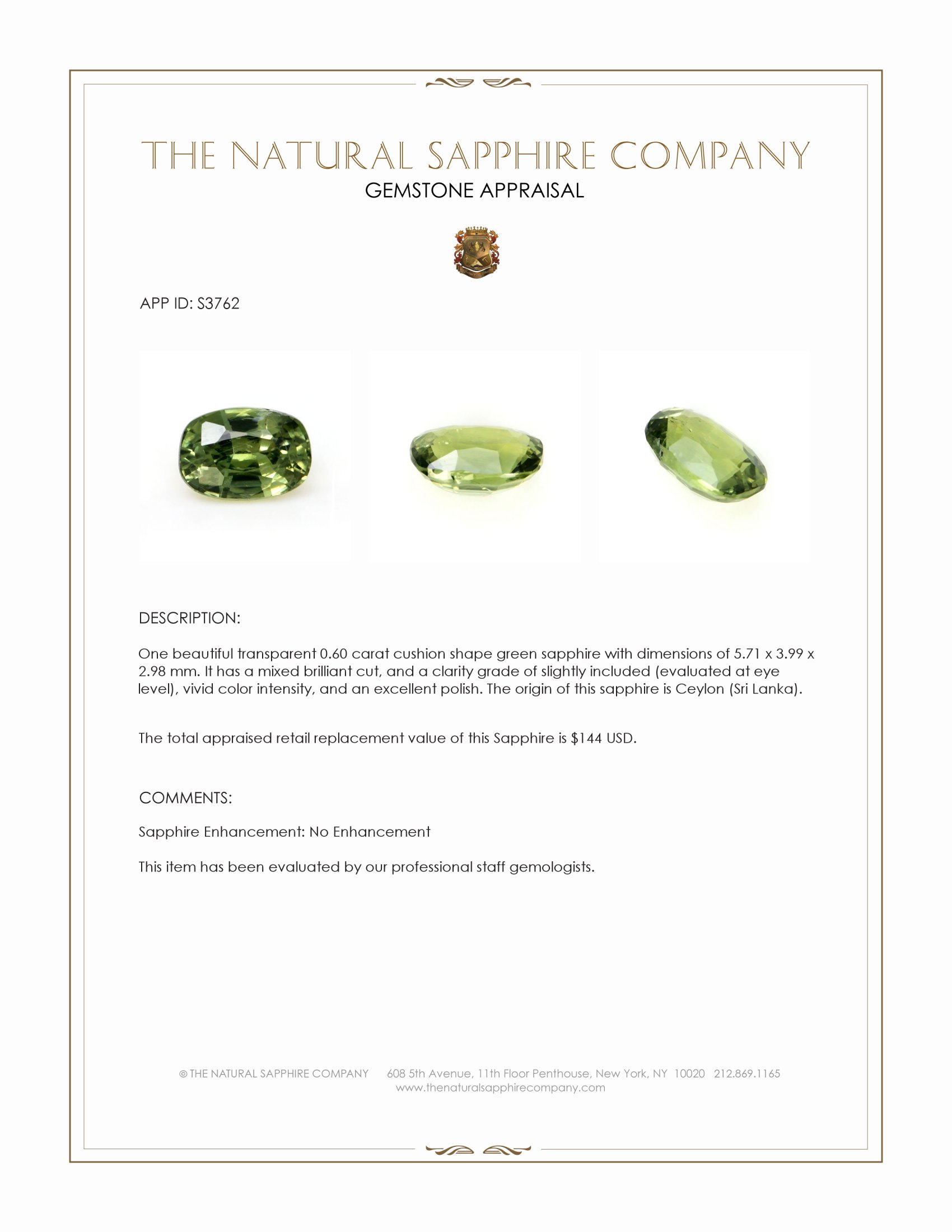 0.60 Ct. Green Sapphire from Ceylon (Sri Lanka)