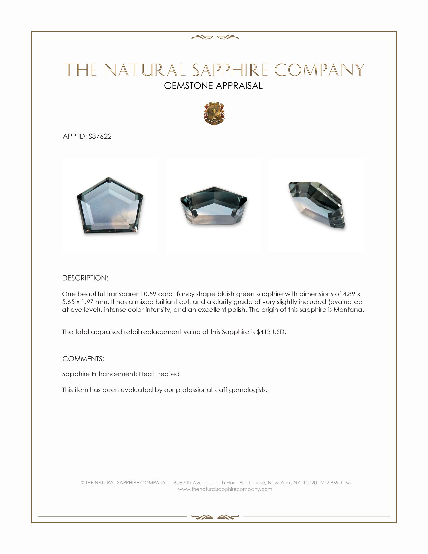 0.59 Ct. Bluish Green Sapphire from Montana